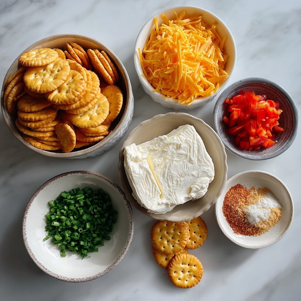 The image shows a stack of square, golden-brown crackers with a creamy, chunky filling between each layer. The filling is white with small pieces of yellow cheese, bits of red pepper, and green herbs mixed in, giving it a colorful and textured look. Each cracker acts as a crisp, flat layer sandwiching a thick amount of the creamy mixture, which slightly spills over the edges. The top cracker in the stack is garnished with a small green piece of herb. The background features more crackers scattered on a white marbled surface, creating a cozy and inviting snack scene. Photo taken with an iphone --ar 4:5 --v 7