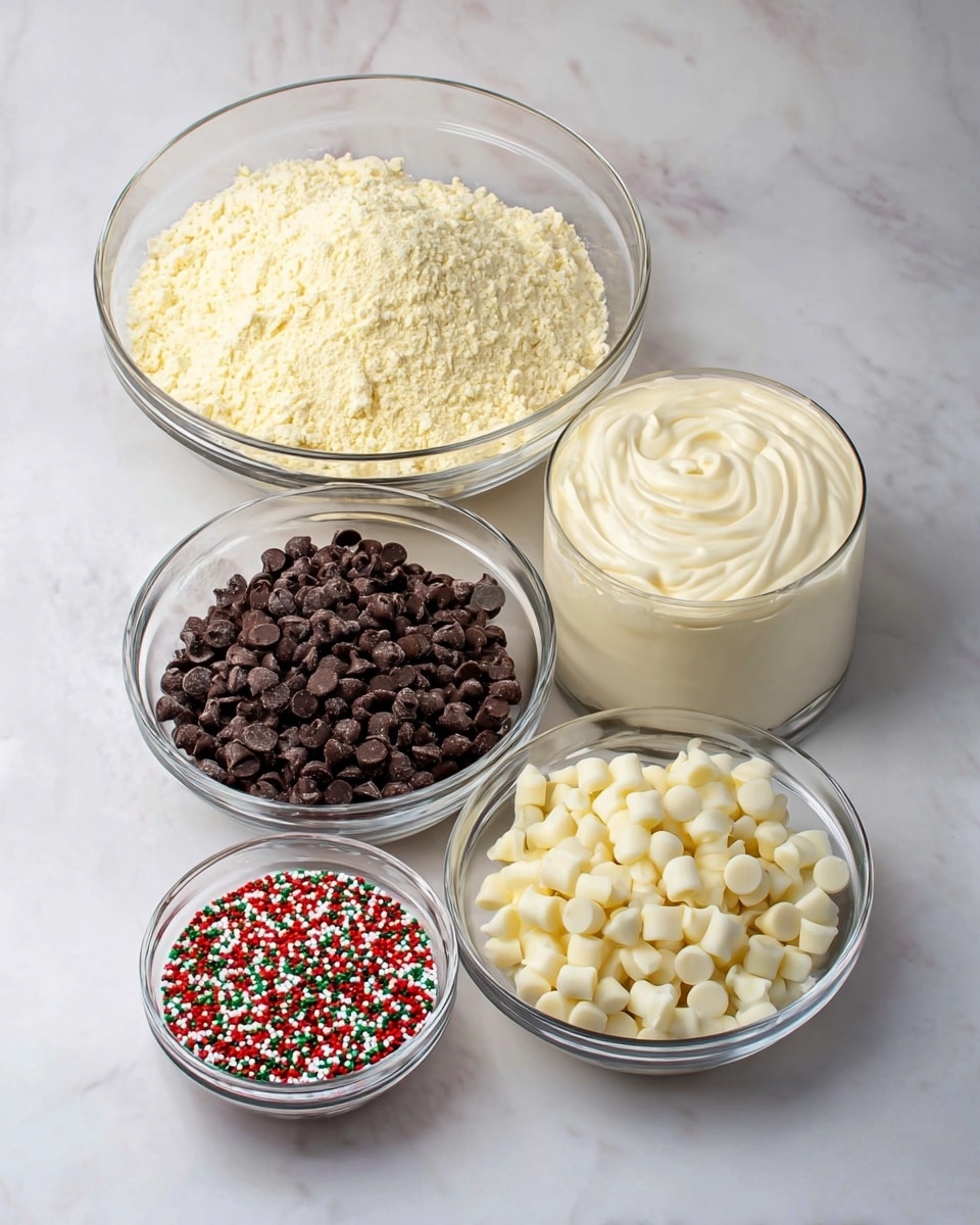 The image shows five clear glass containers with different ingredients placed on a white marbled surface. At the back left, there is a large bowl filled with pale yellow flour-like powder. To the right of it, there is a tall round container filled with smooth, creamy white sauce with some swirling on top. In front on the left, there is a medium bowl filled with dark brown chocolate chips. Next to it on the right, there is another medium bowl filled with white chocolate chips. At the front center, there is a small bowl with a mix of colorful round sprinkles in red, green, white, and brown. The bowls are arranged in a slightly curved line, creating a neat display of ingredients. Photo taken with an iphone --ar 4:5 --v 7
