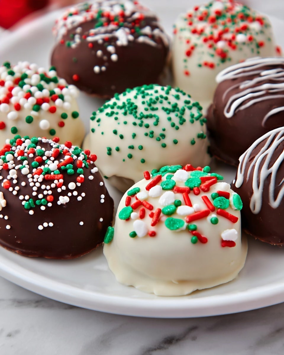 The image shows a group of eight small round treats on a white plate, placed on a white marbled surface. Four of the treats are coated in smooth dark chocolate with tiny red, green, and white round sprinkles scattered on top. The other four are covered in white chocolate, decorated with red, green, and white shaped sprinkles, including little balls and elongated pieces. Each treat has a glossy texture with visible swirls from the chocolate coating. The arrangement is close, highlighting the contrasting colors and festive look of each piece. photo taken with an iphone --ar 4:5 --v 7