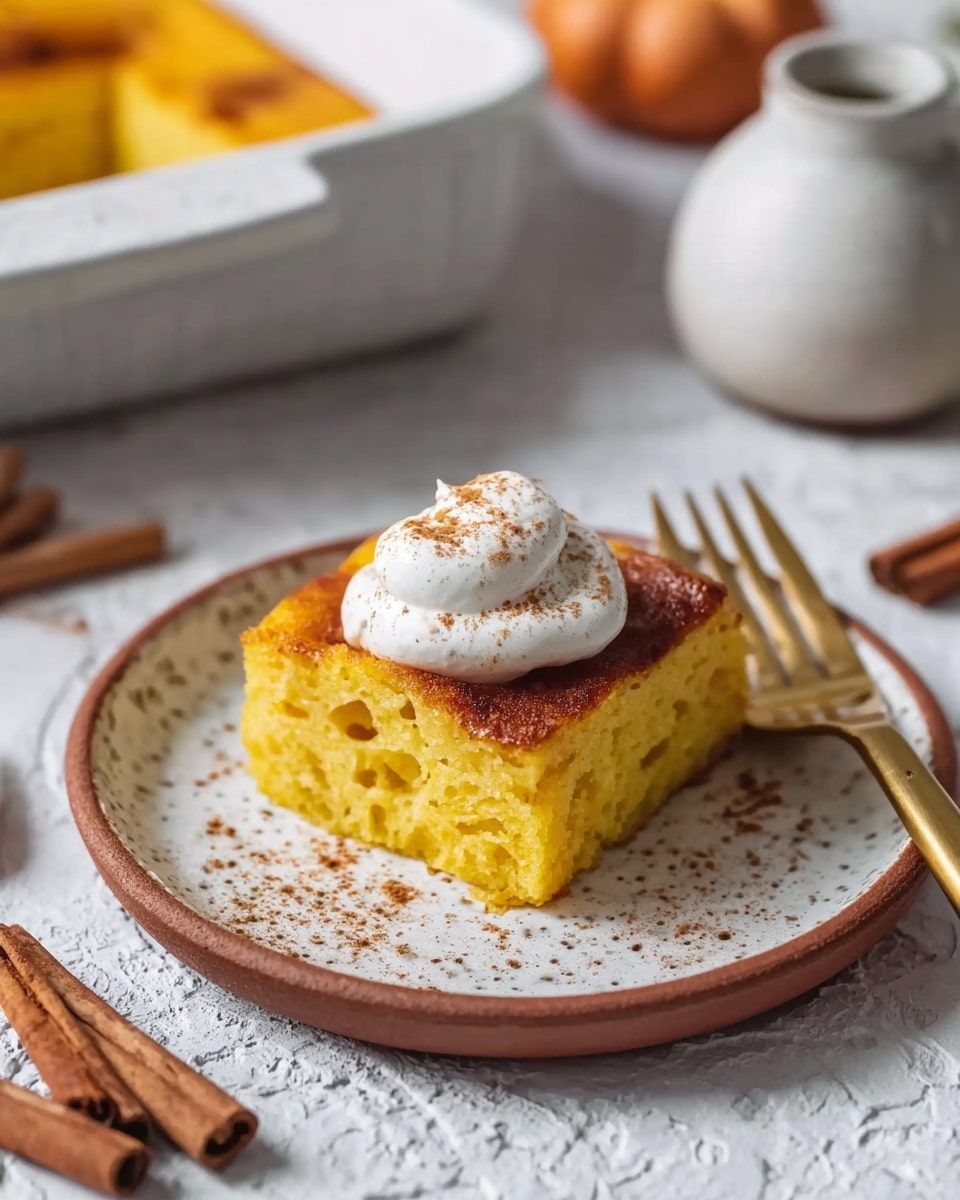 A square piece of bright yellow cake with a slightly browned top layer sits in the center of a round white plate with a brown speckled rim. The cake has a soft, slightly airy texture showing small holes on its side and is topped with a dollop of white whipped cream sprinkled with light cinnamon powder. A gold fork rests on the right side of the plate with the tip slightly under the cake. In the background, there is a white baking dish with more cake visible and part of a small white ceramic jar on a white marbled textured surface. Two cinnamon sticks lay diagonally in the lower left corner of the image. Photo taken with an iphone --ar 4:5 --v 7