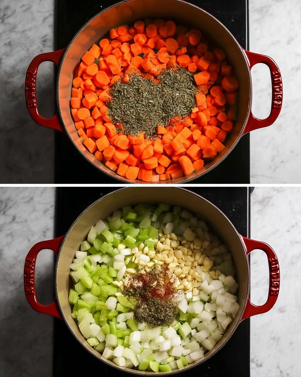 A round dark pot with red handles sits on a black stove with a white marbled surface around it. Inside the pot in the first layer, there are three separate piles of diced vegetables: bright orange carrots at the top, light green celery on the bottom right, and white onions on the bottom left, each forming distinct color blocks. In the second image, the vegetables are mixed and appear softer and translucent, with small light yellow garlic pieces scattered around the center. On top of this mixed layer is a small mound of dark green and brown dried herbs and spices, adding texture and contrast to the colorful vegetables inside the pot. Photo taken with an iphone --ar 4:5 --v 7