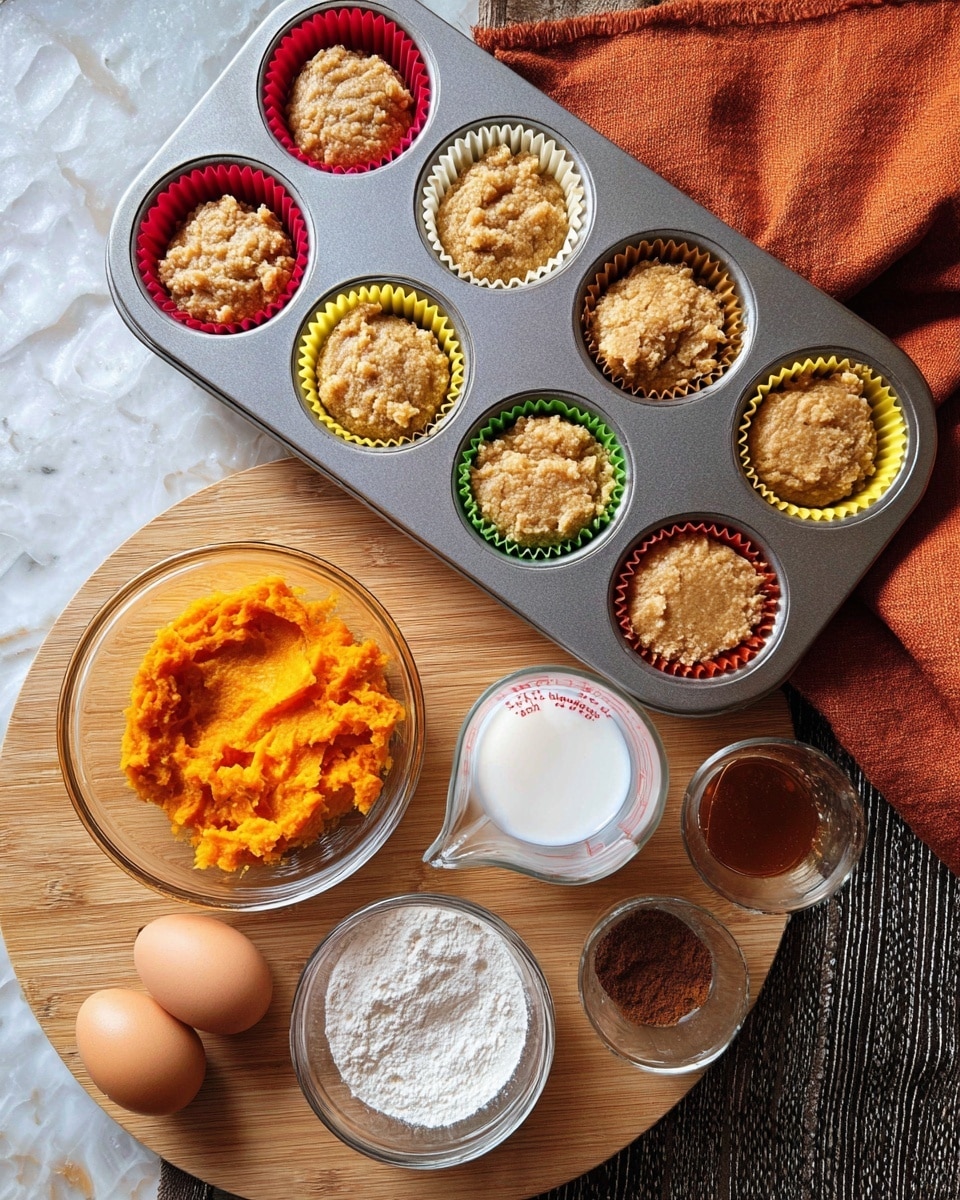 The image shows a metal muffin tray holding twelve small pumpkin cupcakes, each in a colorful silicone liner alternating between yellow and red. Every cupcake has a light orange-brown color and is topped with a small swirl of white whipped cream centered on top. The tray sits on a white marbled surface with a dark orange cloth with fringes partially covering the top right corner. The lighting is soft and natural, highlighting the texture of the cupcakes and the whipped cream. photo taken with an iphone --ar 4:5 --v 7