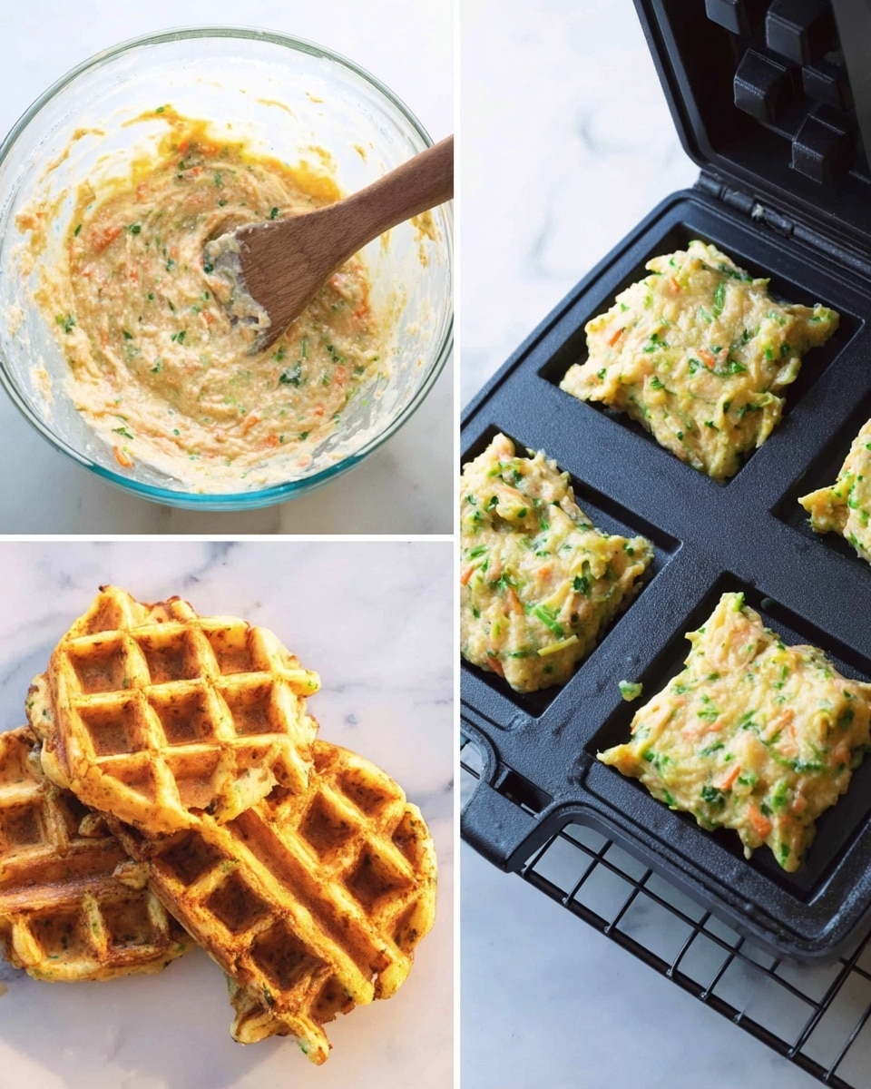 Four square waffles with a crispy golden-brown top layer and slightly darker edges sit on a white plate. Each waffle shows a grid pattern with deep pockets and small green herb bits visible inside, giving a textured look to the light yellow batter. Small scattered green parsley leaves add a touch of color around the waffles on the plate. The plate rests on a white marbled surface. photo taken with an iphone --ar 4:5 --v 7