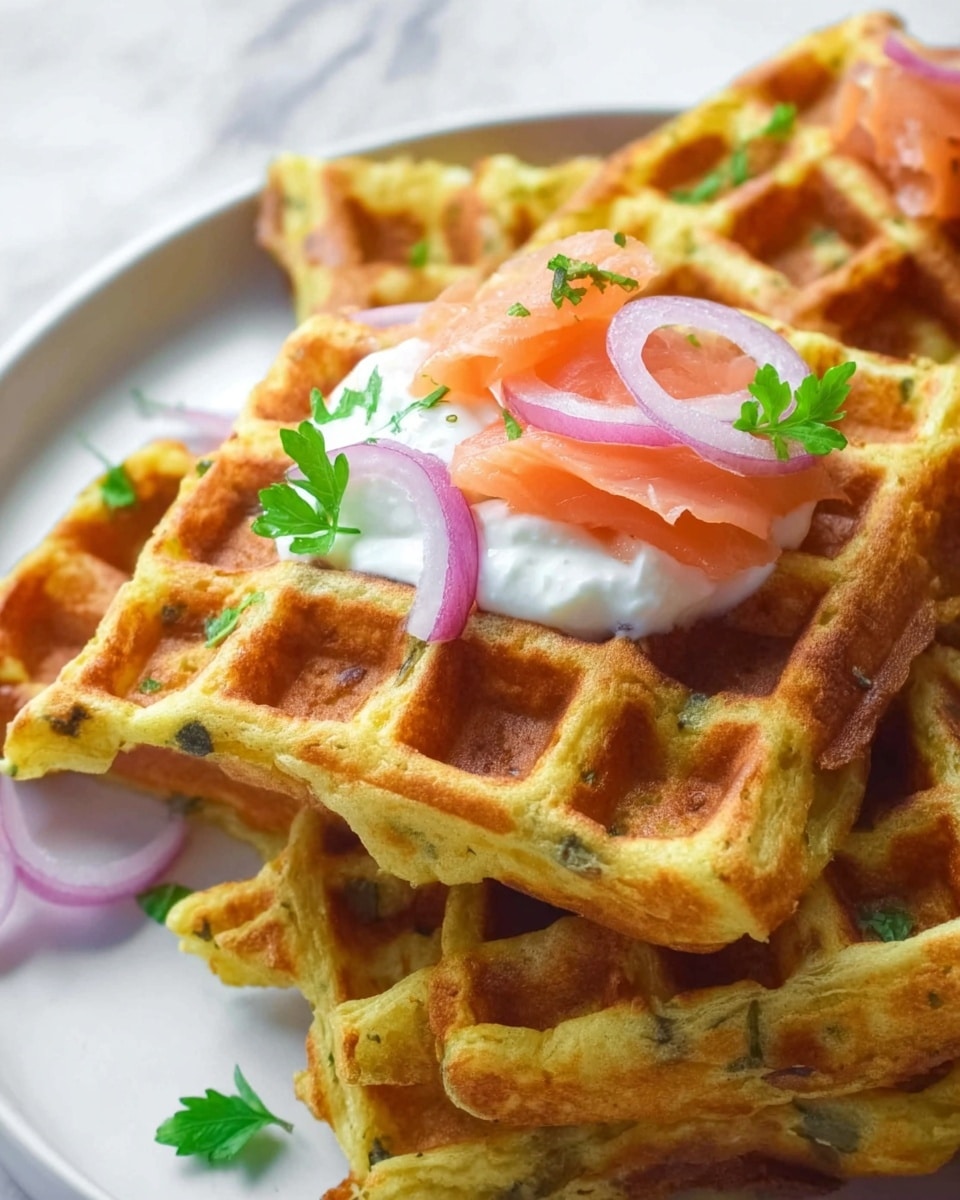 The image shows a three-step cooking process on a white marbled surface. The first part features a clear glass bowl filled with a thick, mixed batter that is light beige with visible green and orange bits, stirred by a wooden spoon held by a woman's hand. The second part focuses on a black waffle iron with four waffle-shaped sections, each filled with the same colorful batter, which has a slightly chunky texture and green herb pieces. The third part shows two golden brown waffles with crispy edges and green specks, resting on a cooling rack with a white marbled surface beneath it. Photo taken with an iphone --ar 4:5 --v 7