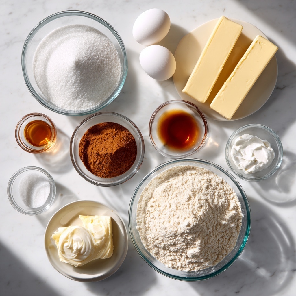 The image shows several clear glass bowls and two sticks of butter placed on a white marbled surface. The largest bowl at the bottom right contains a light, powdery all-purpose flour. To its left, a similar-sized bowl is filled with fine white sugar. Above the sugar bowl is a smaller bowl containing two whole white eggs. At the top center is a small bowl filled with brown cinnamon powder. To the right of cinnamon, there's a tiny bowl with amber-colored vanilla extract. Below vanilla extract, a small empty bowl is labeled salt. In the middle of the image, two tiny bowls hold white cream of tartar and white baking soda. The two sticks of pale yellow butter rest above the flour bowl, casting soft shadows on the white marbled surface. The scene is brightly lit with natural light, focusing clearly on each ingredient. Photo taken with an iphone --ar 4:5 --v 7