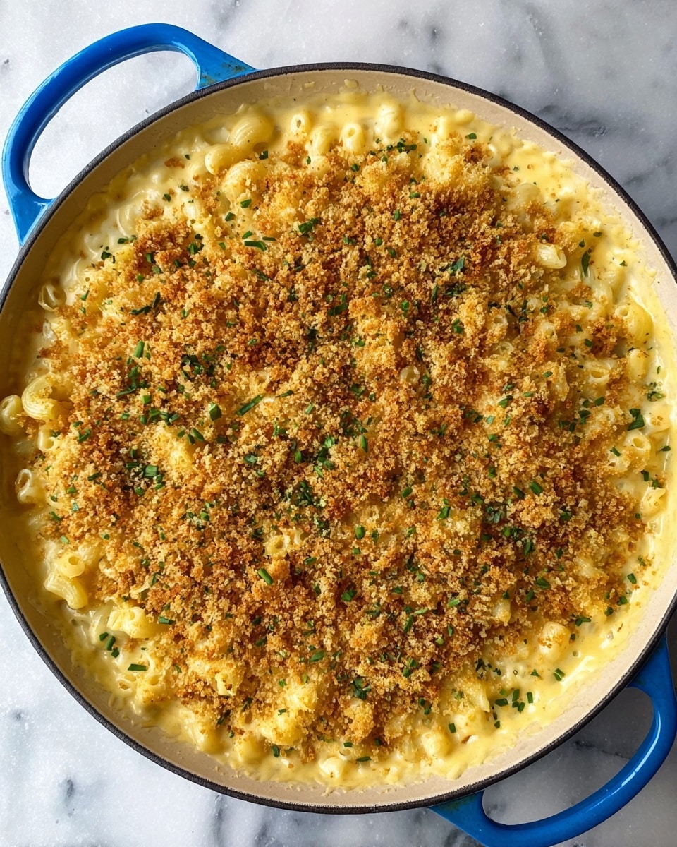 A round pan with blue handles filled with macaroni and cheese, the pasta is coated in a creamy yellow cheese sauce forming the bottom layer. On top is a thick, crumbly golden brown breadcrumb layer with small green herb pieces sprinkled evenly across. The pan sits on a white marbled surface. photo taken with an iphone --ar 4:5 --v 7