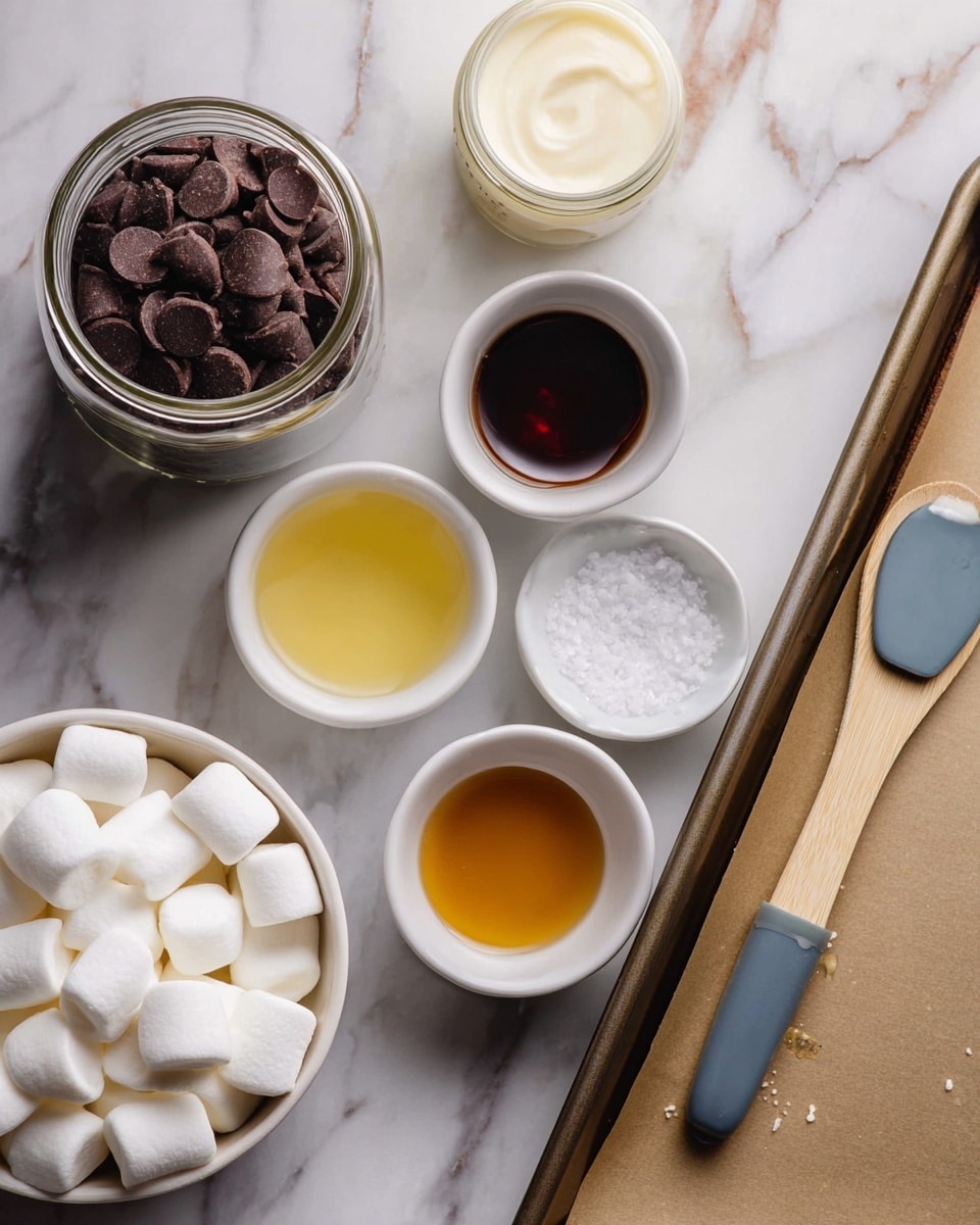 The image shows a top view of ingredients arranged on a white marbled surface. There is an open jar filled with dark brown chocolate chips in the upper left, and next to it a jar of creamy white liquid. Below these, there are three small white bowls, one with a golden-yellow liquid, another with a dark brown liquid, and the last with white salt crystals. At the bottom left, a white bowl holds many white mini marshmallows. On the right side, part of a baking tray lined with brown parchment paper is visible along with a wooden spoon that has a blue silicone head resting on the tray edge photo taken with an iphone --ar 4:5 --v 7