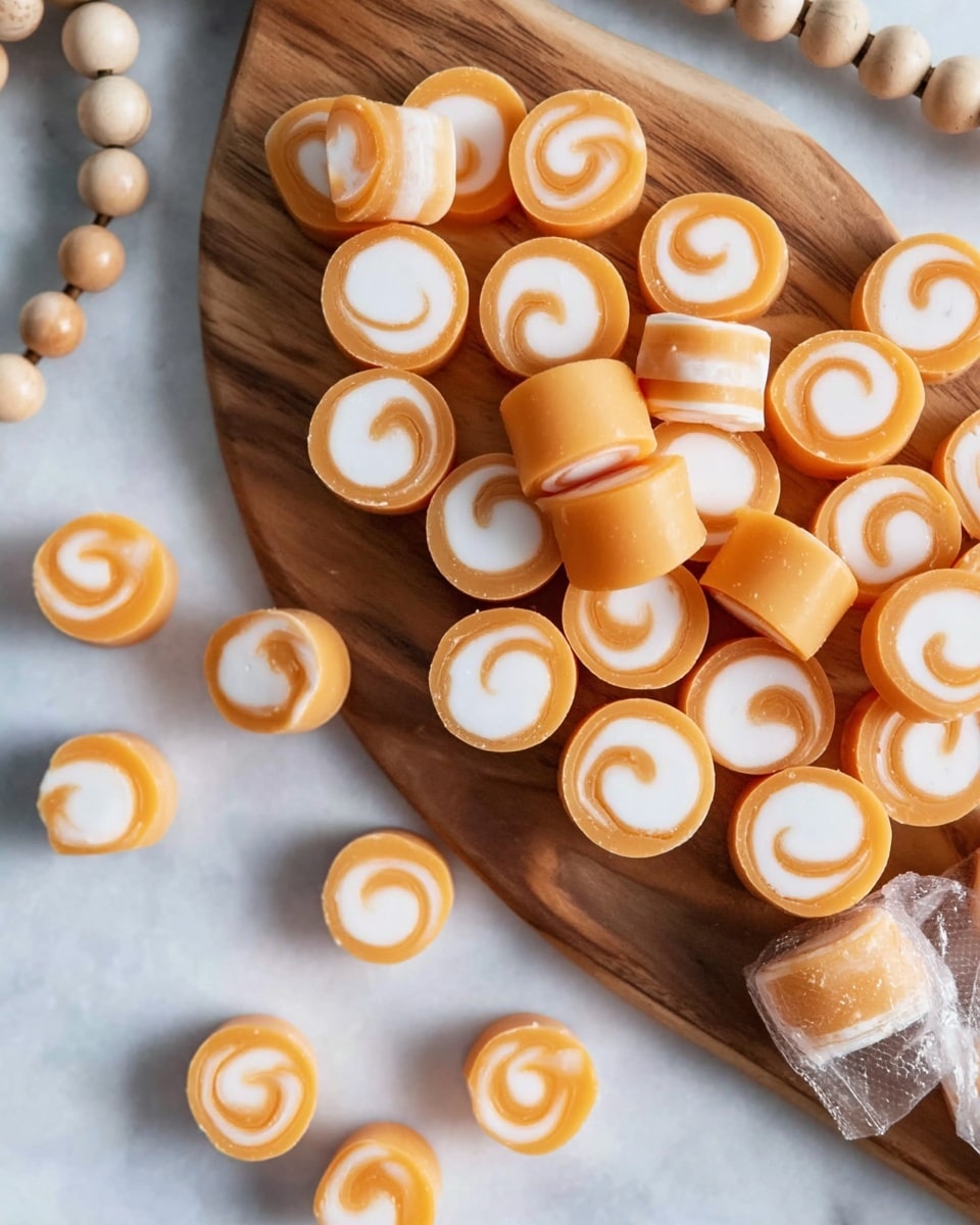 A wooden board filled with many small rolled candy pieces, each showing two layers: a smooth bright orange outer layer and a creamy white swirl inside. The candies are sliced into small round shapes, some stacked slightly on top of one another, with a few pieces scattered loosely around the board on a white marbled surface. There is a small wrapped candy piece visible on the right side of the board, adding extra detail. White and natural wood beads are placed beside the board, enhancing the composition. photo taken with an iphone --ar 4:5 --v 7