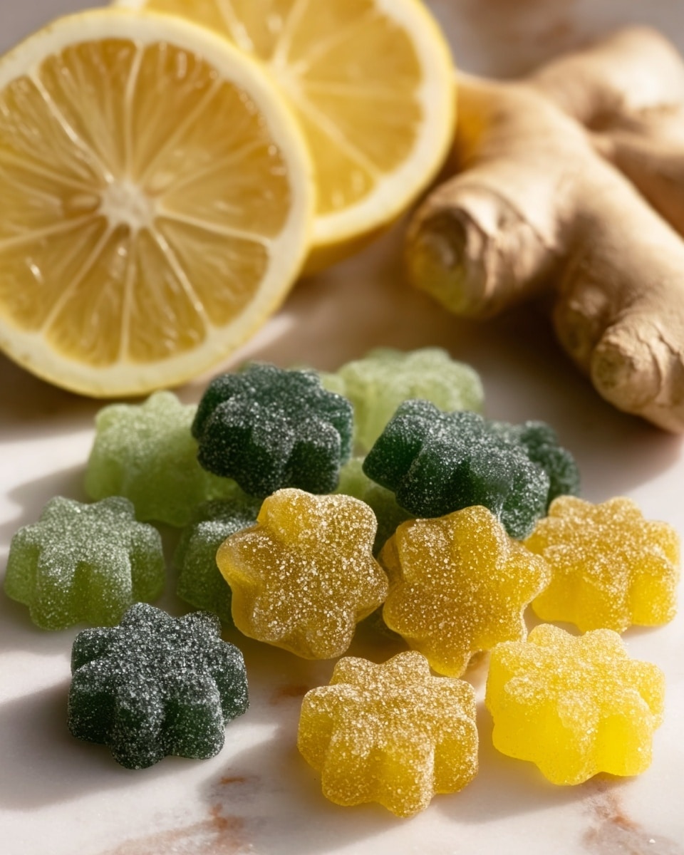 A pile of small gummy candies shaped like flowers sits on a white marbled surface. The gummies are in three colors: dark green at the back, light green in front on the left side, and bright yellow on the right side. Each gummy is covered with a sugary coating, giving them a slightly sparkly texture. Behind the gummies, there are two half lemon slices showing their juicy, pale yellow interiors, and a piece of fresh ginger root with a light brown, slightly rough skin. The setup is softly lit, showing the details of the gummies’ shapes and sugar grain. photo taken with an iphone --ar 4:5 --v 7