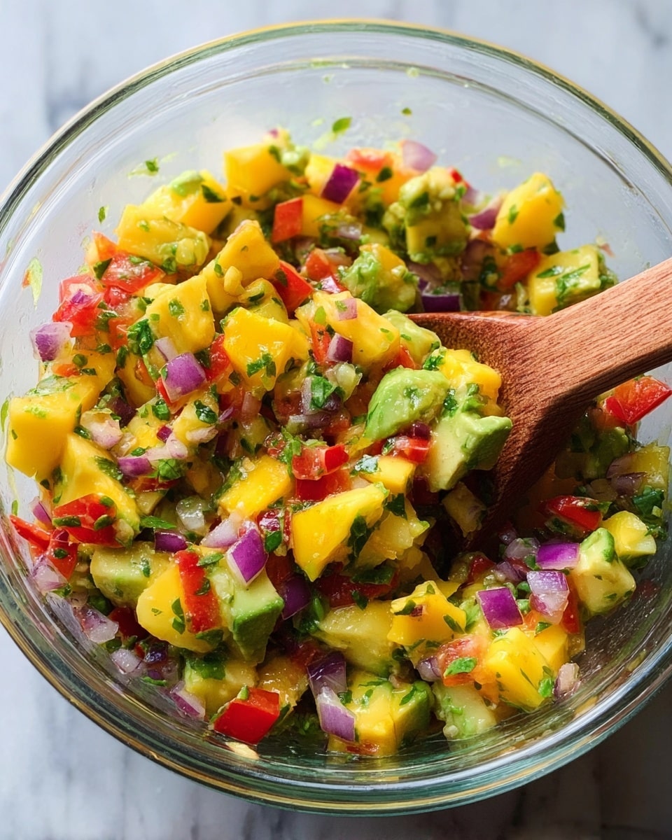 A clear glass bowl filled with a colorful fruit and vegetable salsa, showing about four layers of small, diced pieces: bright yellow mango, light green avocado, red bell pepper, and bits of purple onion mixed with fresh green herbs. The texture is chunky and fresh, with a wooden spoon resting inside the bowl. The background is a white marbled surface. Photo taken with an iphone --ar 4:5 --v 7