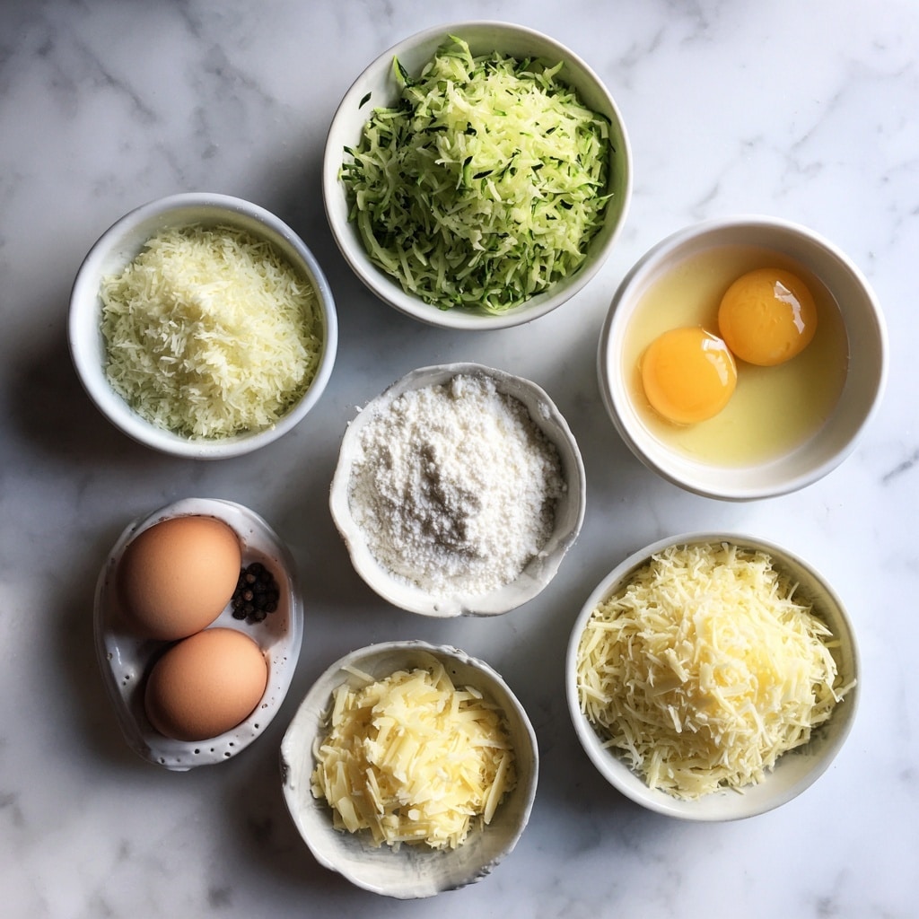 A stack of two thick, round zucchini and cheese patties sits on a white plate. Each patty has a golden-brown crust with dark toasted spots on top, showing a crispy texture. Inside, melted pale yellow cheese oozes around thin green zucchini slices and small flecks of green herbs. The patties are fluffy with a soft, slightly gooey center where the cheese stretches between layers. The background is a white marbled surface. Photo taken with an iphone --ar 4:5 --v 7