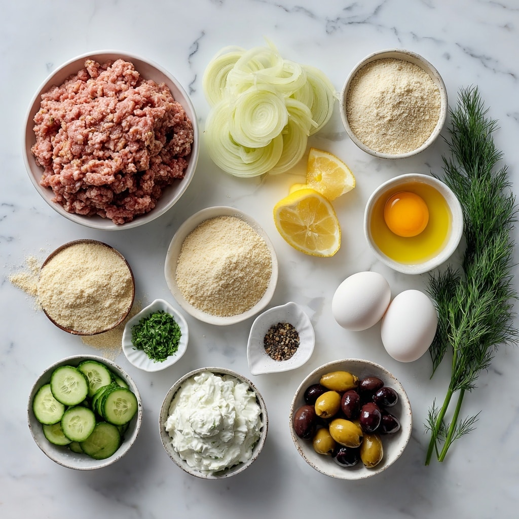 A bowl with five browned meatballs arranged on one side, topped with small green herb sprinkles. Next to the meatballs are dark purple olives placed near a large scoop of white creamy sauce with green herbs mixed in. On the bottom half of the bowl, there are chopped green cucumber pieces next to a serving of light brown rice. Two lemon wedges rest against the meatballs on the side of the bowl. The bowl is white with tiny brown speckles, set on a white marbled surface. Photo taken with an iphone --ar 4:5 --v 7