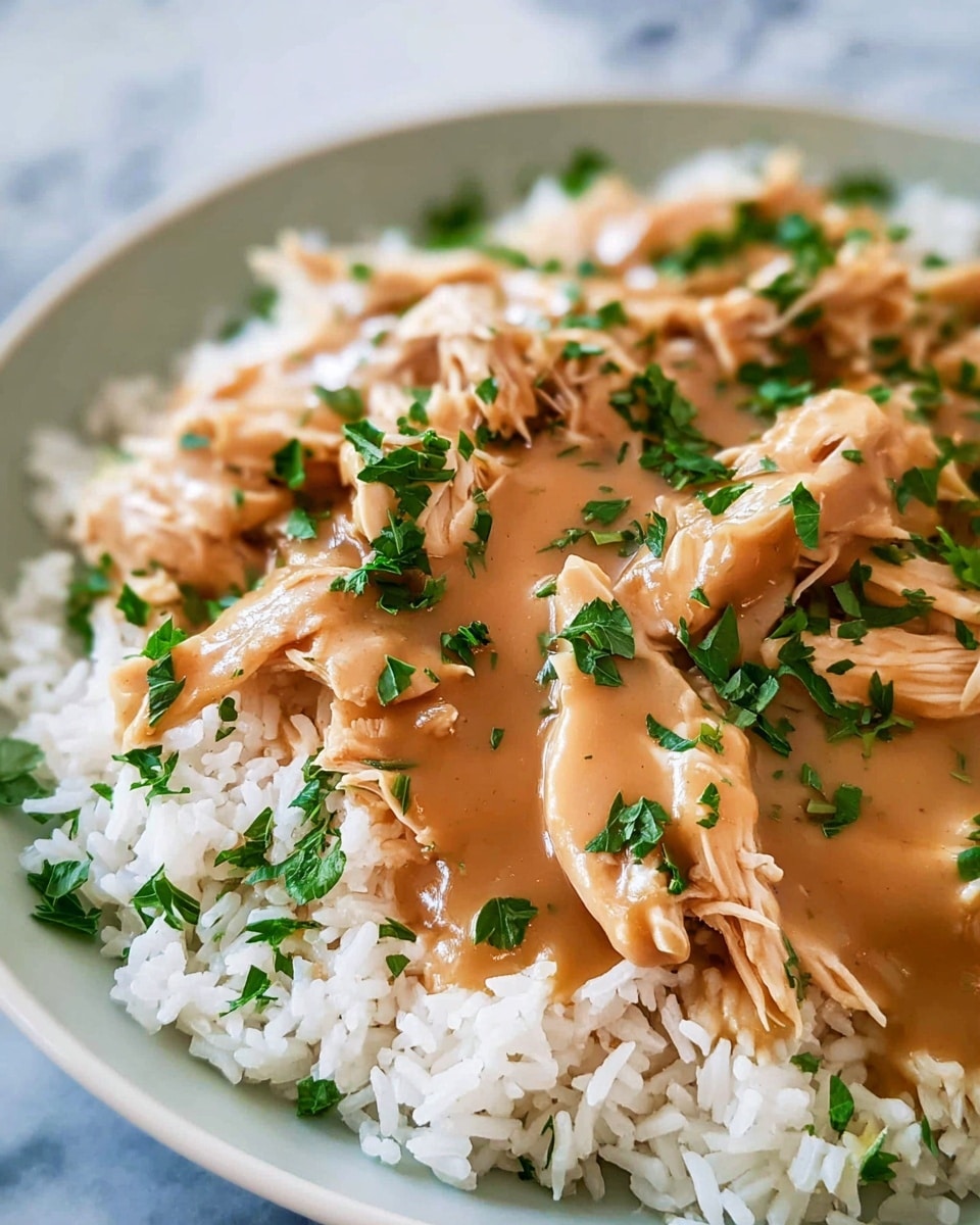 The image shows a close-up of a creamy dish with shredded chicken layered thickly in a smooth, shiny, orange-tan sauce. The chicken pieces vary in size, with some broader chunks and fine strings mixed together, all coated evenly in the sauce. Small green bits, likely chopped herbs, are sprinkled lightly over the top, adding a pop of color. The background around the dish features a white marbled texture, enhancing the warm tones of the food. photo taken with an iphone --ar 4:5 --v 7
