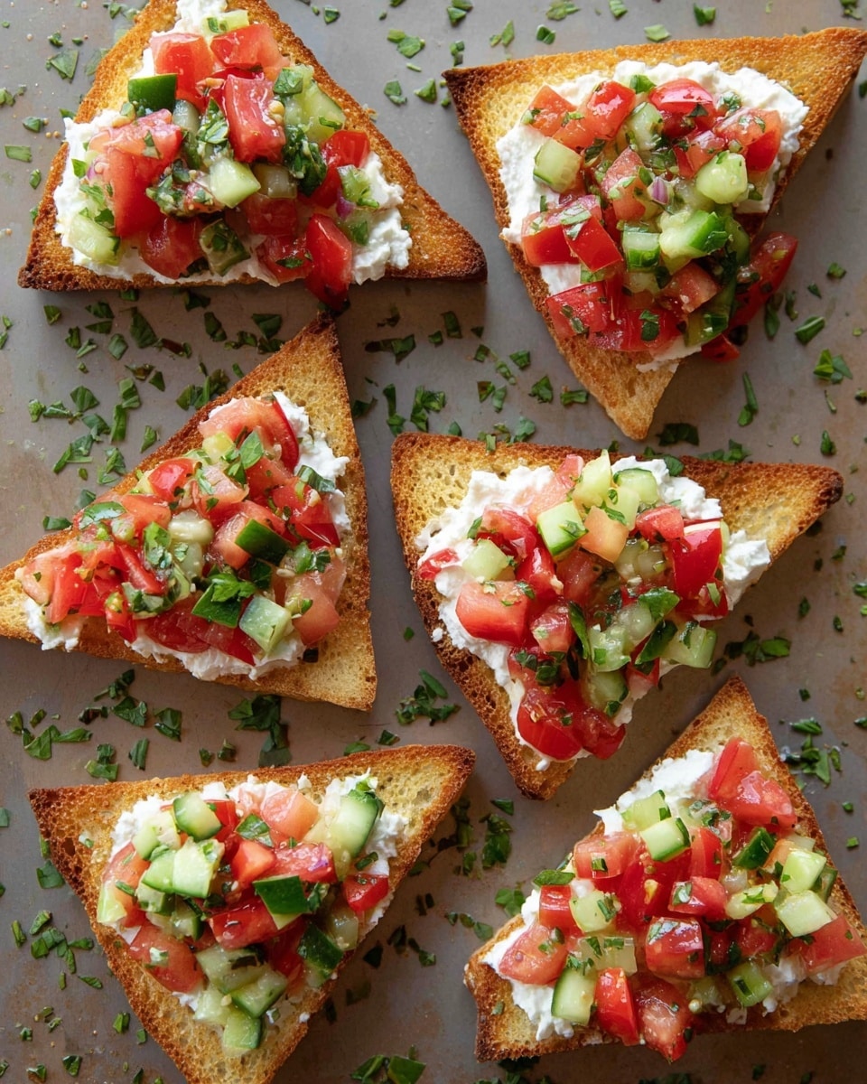 The image shows six triangular toasted bread pieces arranged on a surface with scattered green herb pieces. Each piece has three visible layers: the bottom layer is the golden brown toasted bread with a slightly crispy texture, the middle layer is a soft white cheese spread, and the top layer is a colorful mix of diced red tomatoes, light green cucumber, and small green herb bits, giving a fresh appearance. The bread has a rough, porous texture with small holes visible. photo taken with an iphone --ar 4:5 --v 7