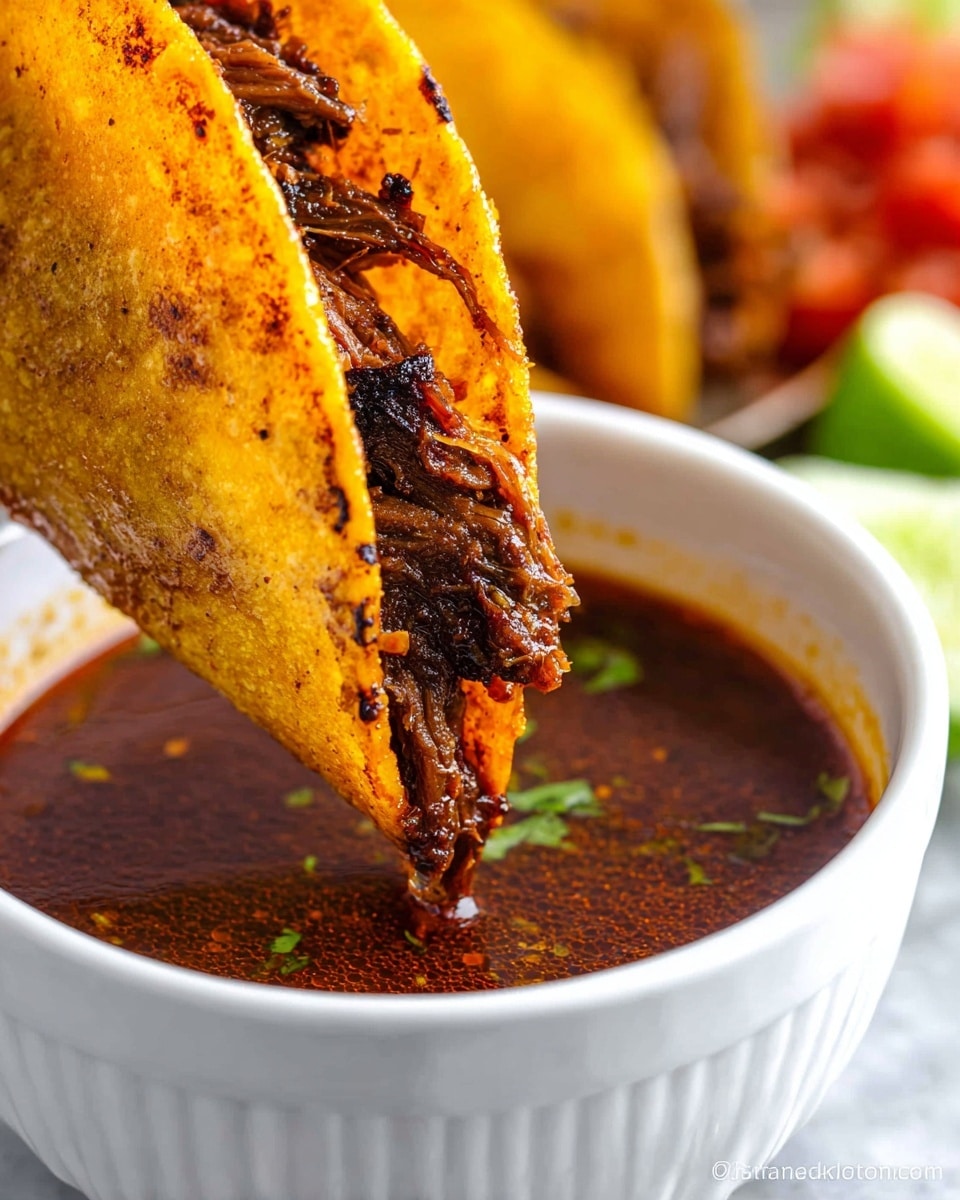 A close-up shows a folded crispy orange taco shell with a crunchy texture and slight charring, filled with dark shredded meat inside. The taco shell is being dipped into a white ridged bowl filled with a rich, dark red-brown oily broth. The background has blurry colors of red, green, and white shapes, set on a white marbled surface. Photo taken with an iphone --ar 4:5 --v 7