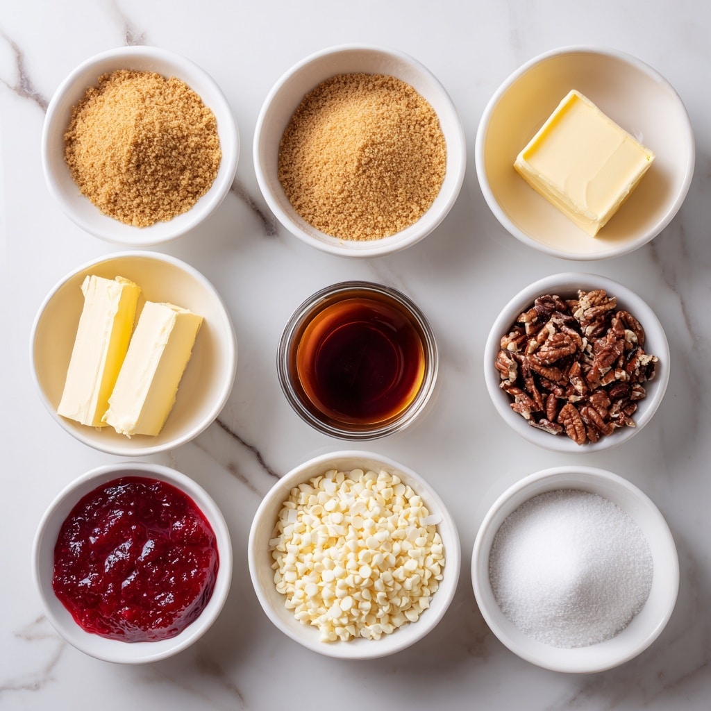 The image shows six square bars on a sheet of parchment paper with a white marbled texture underneath. Each bar has three layers: a crumbly, light brown base at the bottom, a smooth light cream layer in the middle, and a thick, bright red berry layer on top with visible seeds and chunks. On the very top of each bar, there is a pile of white shredded coconut adding texture and contrast. The bars are arranged in two columns and three rows, evenly spaced. Photo taken with an iphone --ar 4:5 --v 7