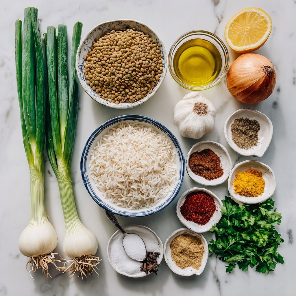 The image shows an arrangement of cooking ingredients on a white marbled surface. There are two white bowls with blue rims: the top bowl filled with dried lentils that are brown or green in color, and the bottom bowl filled with white basmati rice. Around these bowls are fresh scallions with long green stalks and white bulbs, three light brown onions, a whole white garlic bulb, and a halved lemon revealing its yellow inside. Next to these are small containers holding olive oil in a clear glass bowl and a mix of colorful spices including brown cumin, dark reddish paprika, yellow turmeric, reddish-brown cinnamon, and red pepper flakes. A small white bowl also holds sugar measured out with a metal teaspoon. Small bunches of green leafy parsley and cilantro lay near the spices. The ingredients are neatly spaced out, showing distinct colors and textures on the clean white marbled background. photo taken with an iphone --ar 4:5 --v 7