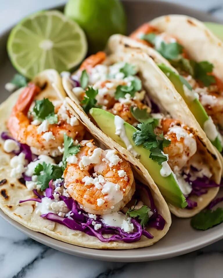 Shrimp Tacos with Creamy Lime Sauce and Fresh Toppings Recipe