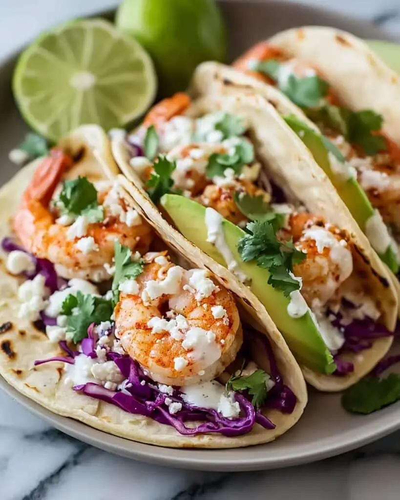 Shrimp Tacos with Creamy Lime Sauce and Fresh Toppings Recipe