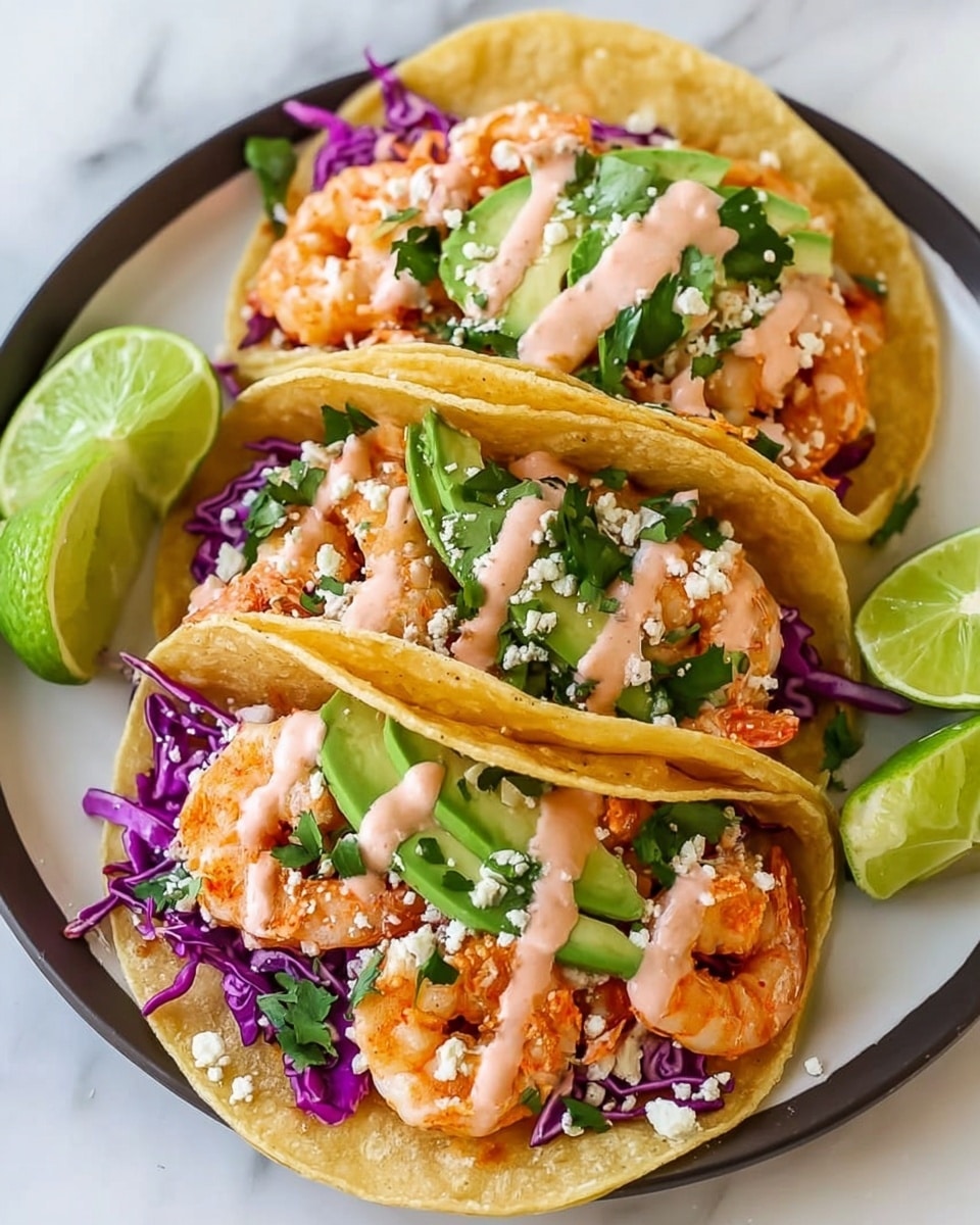 Three tacos are shown on a white plate. Each taco has two light beige corn tortillas forming a soft base, slightly charred. On the bottom layer inside the taco is shredded purple cabbage, adding a vibrant color. On top of this is a creamy white sauce drizzled over pink-orange shrimp that are curled and juicy. Bright green slices of avocado and fresh green cilantro leaves are scattered, along with small white crumbled cheese. In the blurred background, there are halves of a lime. The plate is set on a white marbled surface. Photo taken with an iphone --ar 4:5 --v 7