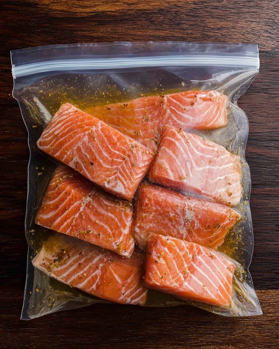 The image shows several salmon fillets inside a clear plastic zipper bag. The salmon pieces are light pink with white lines running through them, showing their fresh texture. The bag contains a light brown marinade with visible small bits of seasoning, spread evenly around and on the salmon. The bag is placed on a dark wooden surface, contrasting with the bright orange color of the fish. The salmon fillets are stacked in a slightly overlapping way, filling the bag fully. Photo taken with an iphone --ar 4:5 --v 7