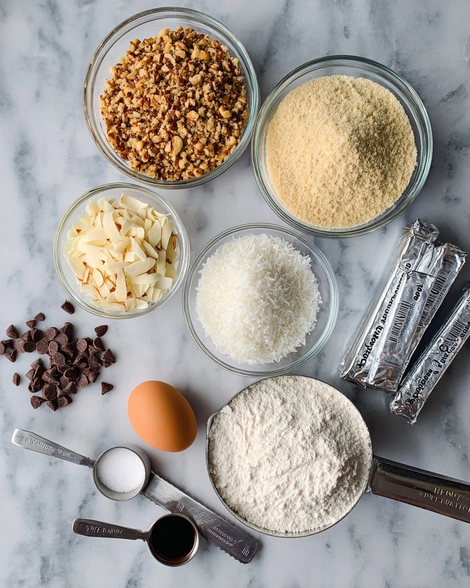 The image shows several baking ingredients placed neatly on a white marbled surface. There are two clear glass bowls at the top, one filled with finely chopped nuts in a light brown color and the other with a pale yellow powder, likely almond flour. Below these, a smaller clear glass bowl holds shredded white coconut. Scattered around are small pieces of slivered almonds and dark brown chocolate chips. Toward the center is a single brown egg. On the right side, a silver measuring cup with white flour is next to a stack of silver foil-wrapped butter sticks. Near the bottom edge, two metal measuring spoons contain a dark liquid, probably vanilla extract, and white granulated sugar. All items are cleanly arranged, showing different textures and colors against the white marbled surface, photo taken with an iphone --ar 4:5 --v 7