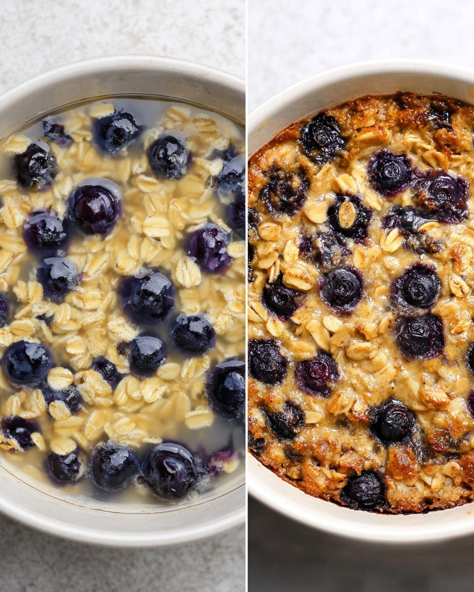 The image shows two close-up views of a baked oatmeal dish in a white baking tray. The left side displays the raw mixture, with a clear liquid base filled with pale yellow oat flakes and scattered dark blue blueberries, visible through the round cavity. On the right side, the baked oatmeal is golden brown with a textured top layer of cooked oats and plump, slightly wrinkled dark blueberries embedded throughout. The edges of the baked oatmeal are caramelized, and the surface has a crispy yet chewy look. Both parts of the dish sit on a white marbled texture background. photo taken with an iphone --ar 4:5 --v 7