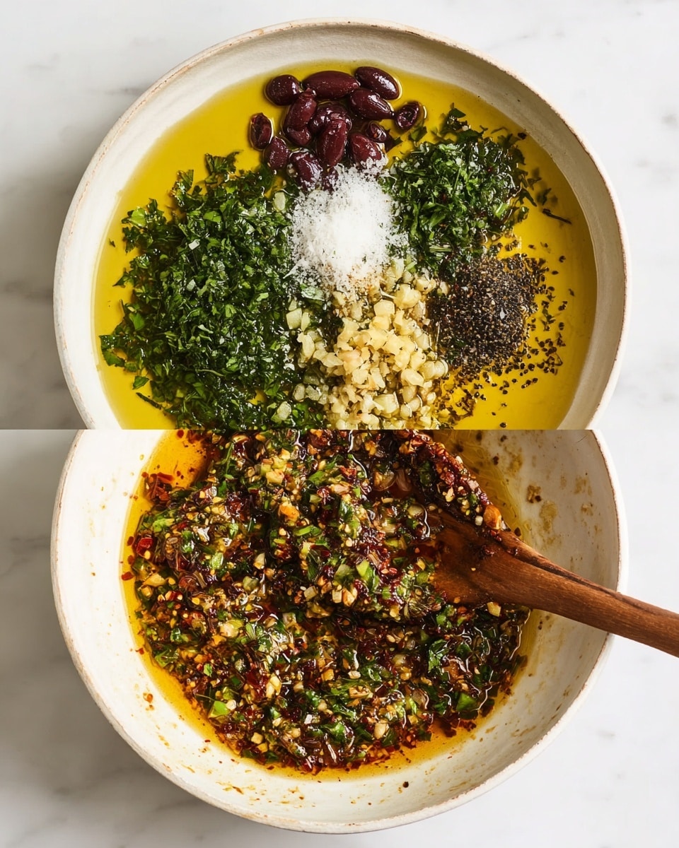 The top image shows a white shallow bowl on a white marbled surface filled with a base of golden olive oil. On this oil, seven distinct piles form a circle: finely chopped dark green herbs on the left and right sides, reddish-brown chopped olives at the top left, a mound of white grated cheese at the top center, small light tan pieces resembling minced garlic at the top right, a cluster of small black specks resembling ground pepper at the bottom left, and chopped light green pieces at the bottom center. The second image shows the same bowl and contents mixed together into a vibrant, textured sauce with green herbs, dark reddish bits, and the oil turning reddish with seasoning, with a thin wooden spoon resting in the bowl. Photo taken with an iphone --ar 4:5 --v 7