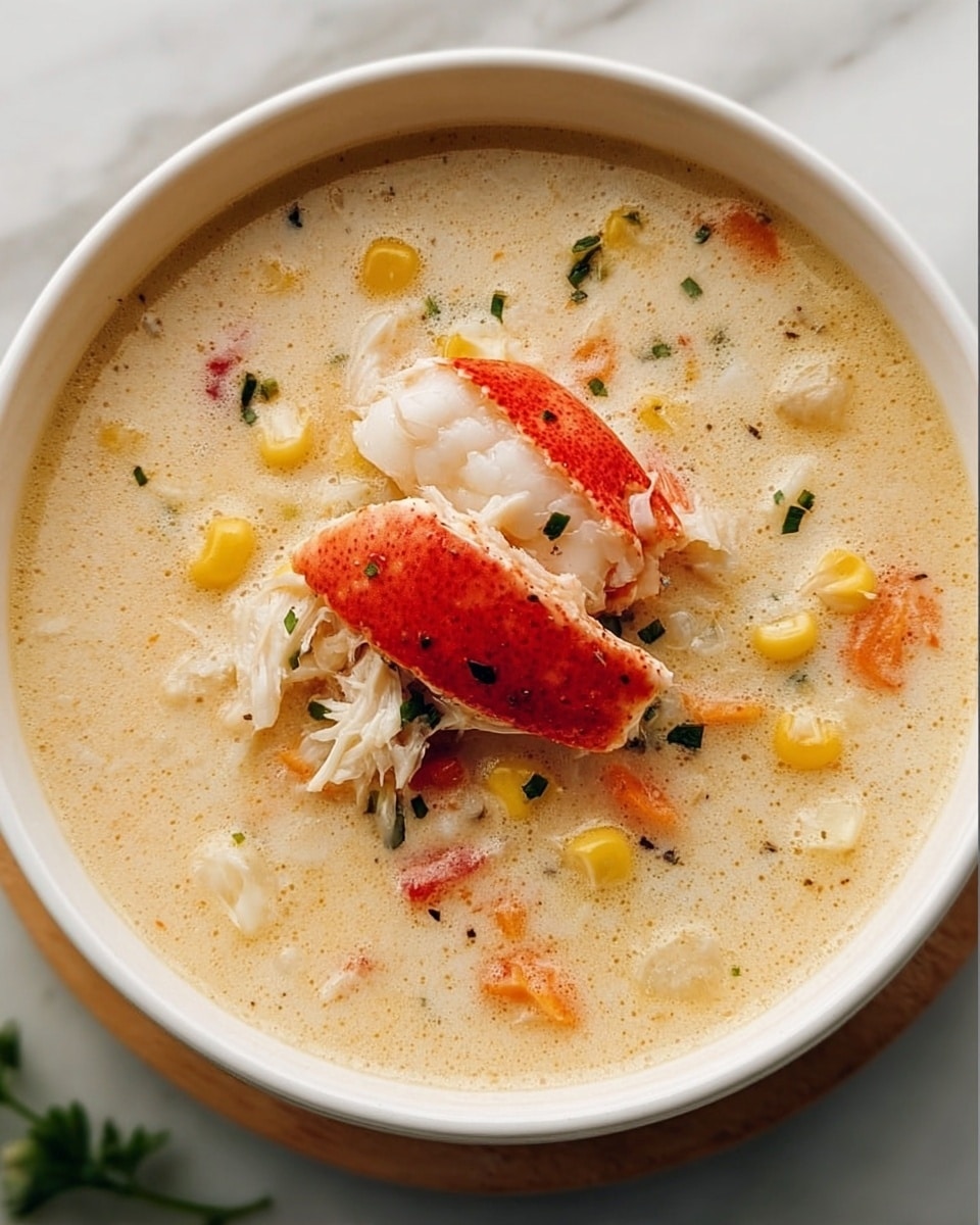 A white bowl filled with creamy light beige soup containing visible layers of small yellow corn kernels, orange carrot pieces, small bits of green herbs, and shredded white crab meat with a bright red crab claw piece placed on top in the center. The soup has a slightly thick texture with small flecks of black pepper or spices mixed throughout, all set on a white marbled surface. Photo taken with an iphone --ar 4:5 --v 7