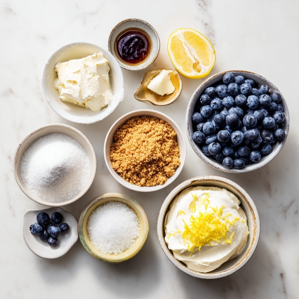 A close-up view of a layered blueberry lemon dessert on a white plate, showing four distinct layers: a crumbly golden crust at the bottom, a thick creamy white layer with swirled purple-blue blueberry sauce filling scattered blueberries, a smooth white cream layer on top, and decorative white cream swirls with fresh blueberries and thin yellow lemon peel strips arranged on the top surface. The dessert sits on a white marbled texture background and there are additional blueberries and lemon peel around the base. Photo taken with an iphone --ar 4:5 --v 7