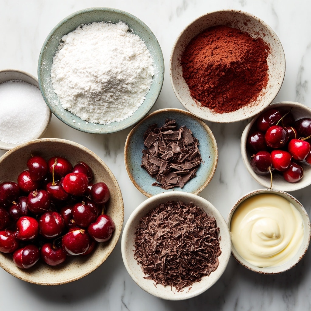 Three clear glass dessert cups filled with layered parfaits sit on a white marbled surface with two silver spoons beside them. Each cup has a bottom layer of white cream, followed by a crumbly brown cake layer. Above that is a dark red berry sauce, topped with more white cream shaped in soft swirls. On top, there are dark berries, thin chocolate shavings, and a bright red cherry with its stem standing upright. The background is softly blurred with warm lights. Photo taken with an iphone --ar 4:5 --v 7