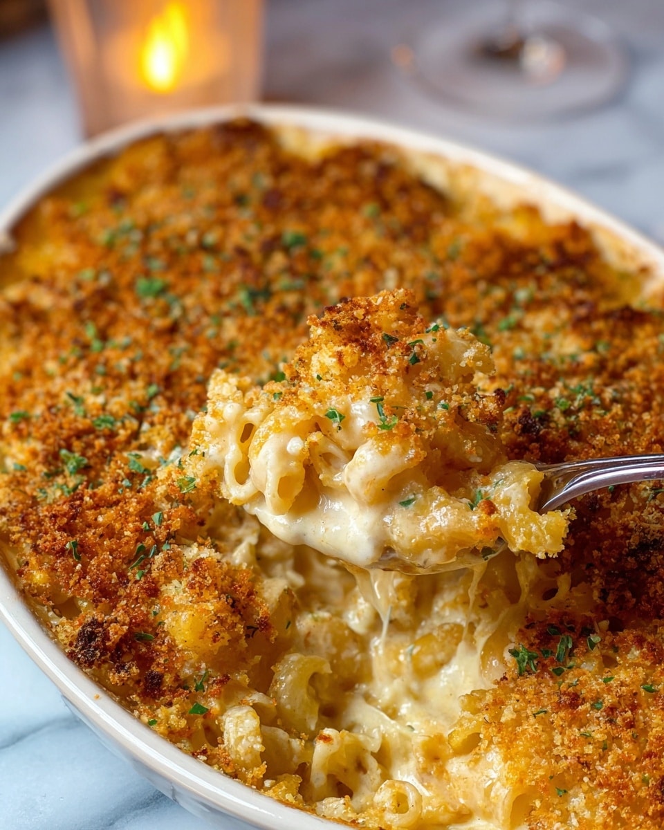The dish shows a close-up view of a baked macaroni and cheese in a white oval dish with a white marbled surface beneath. It has three main layers: the top layer is a golden brown crumbly and crispy breadcrumb topping with small green herb pieces; beneath that is a creamy, thick white cheese sauce mixed with small pieces of translucent cooked onion; the bottom layer shows small curved pasta pieces coated in the cheese sauce. A silver spoon is scooping a portion from the right side of the dish, lifting some pasta and topping, exposing the creamy cheese and pasta underneath. In the background, there is a soft candle glow adding warmth to the scene. Photo taken with an iphone --ar 4:5 --v 7