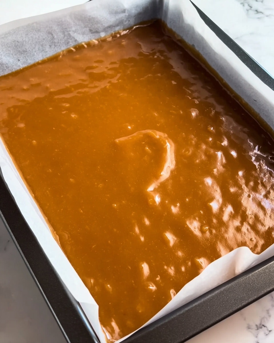 The image shows a dark metal square baking tray lined with white paper, filled with a single smooth and shiny caramel brown mixture that appears thick and slightly bumpy on the surface. The mixture fills the tray evenly with a small raised area near the center. The tray is placed on a white marbled surface, and natural light brightens the glossy texture of the caramel layer, showing slight reflections. photo taken with an iphone --ar 4:5 --v 7