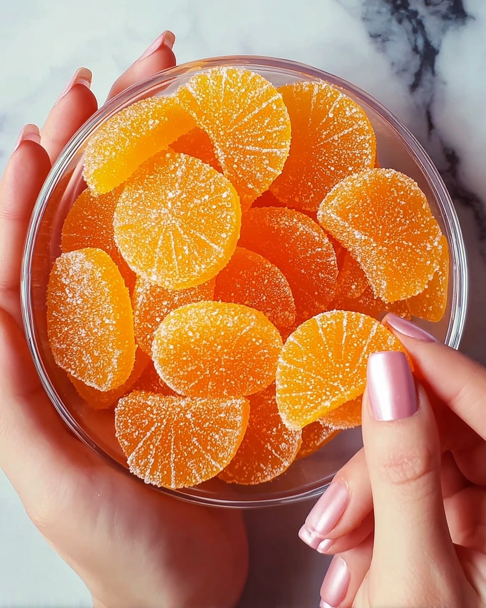 A white rectangular tray holds five rows of four orange jelly candies each, totaling twenty pieces, all covered with a light sugar coating that sparkles. Each candy is small, rounded with a smooth surface, and uniformly shaped. On the right side of the tray, a woman's hand is gently lifting one piece, showing the candy's soft, translucent texture. Beside the tray, on a white marbled surface, there are two half-sliced fresh oranges adding a fresh touch to the scene. The whole setup looks clean, bright, and neatly arranged. photo taken with an iphone --ar 4:5 --v 7