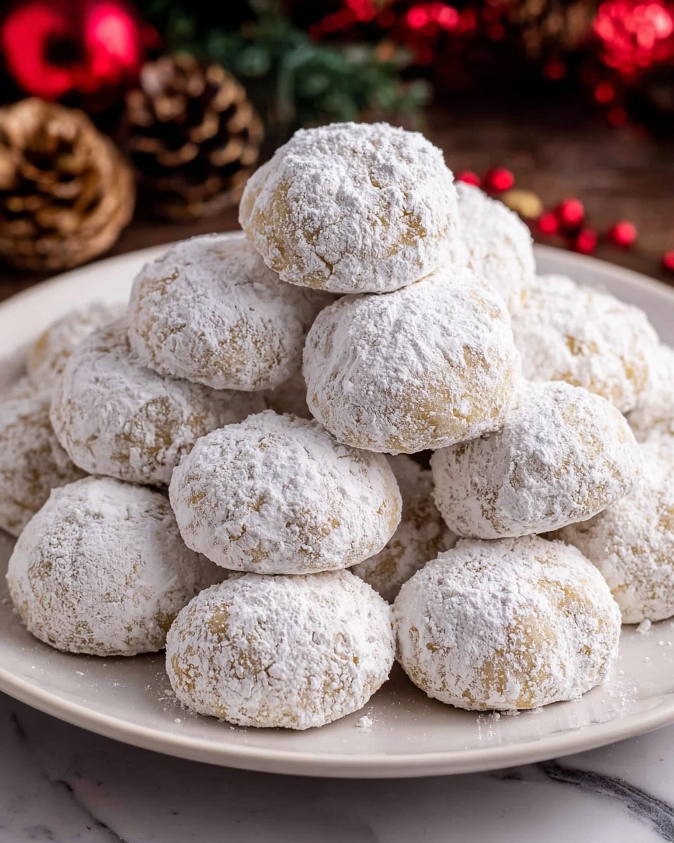 A white plate is filled with a pile of round cookies, each covered in a thick layer of white powdered sugar that gives a soft, powdery texture. The cookies are light brown under the sugar and have a slightly rough surface with small bits that show through the powdered sugar. The cookies are stacked in about three layers, forming a small mound in the center of the plate. The plate sits on a surface with a white marbled texture, and in the background, there are blurred pine cones and red flowers adding a cozy, festive feel. Photo taken with an iphone --ar 4:5 --v 7