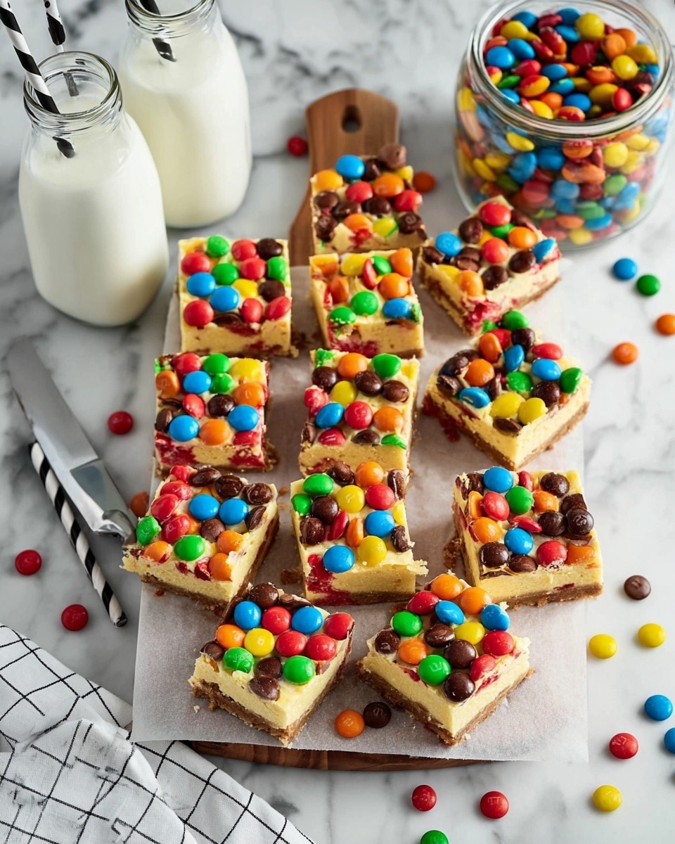 The image shows fifteen square dessert bars with three visible layers: a bottom crust layer in light brown, a thick middle creamy layer in pale yellow, and a top layer crowded with colorful round candy pieces in red, blue, orange, green, yellow, and brown. The bars are arranged on white parchment paper over a wooden board placed on a white marbled surface. Scattered candy pieces are around the board, and a glass jar filled with the same colorful candies is seen in the top right corner. Two glass bottles of milk with black-and-white striped straws stand at the top left of the image, and a white napkin with a black grid pattern lies partially off the bottom left edge, with a knife resting on it. photo taken with an iphone --ar 4:5 --v 7