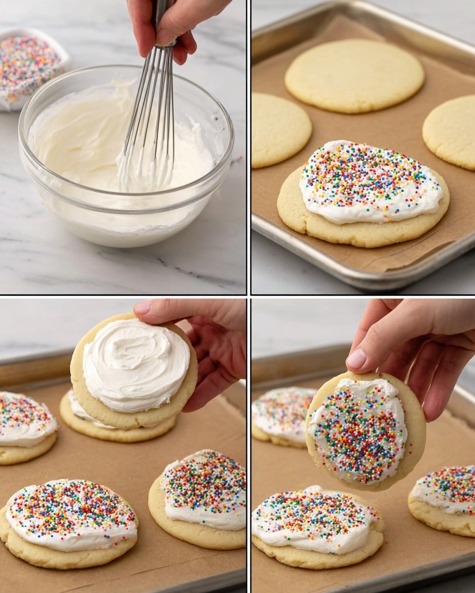 The image shows three steps of decorating round sugar cookies with white frosting and colorful sprinkles on a white marbled surface. In the first step, a woman's hand is whisking a bowl of smooth, white frosting, with a tray of plain, light beige round cookies nearby. In the second step, a woman's hand holds a cookie while a spoon spreads the thick, creamy white frosting evenly over the top, creating a smooth layer with swirls. In the third step, a woman's hand sprinkles tiny, round, multicolored sprinkles over the glossy white frosting on the cookies, which sit on brown parchment paper on a baking tray, with some plain cookies visible around them. Photo taken with an iphone --ar 4:5 --v 7