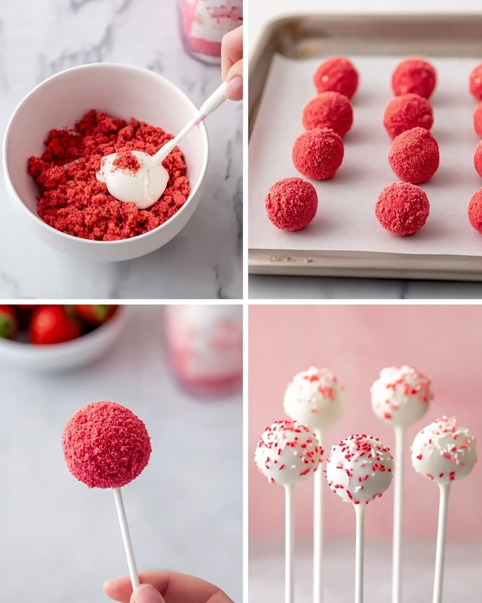The image shows four stages of making pink cake pops placed on a white marbled surface. The first part shows a white bowl filled with red cake crumbs with a dollop of white cream in the center. The second part shows round red cake balls evenly spaced on a parchment-lined baking tray. The third part shows a woman's hand holding a red round cake ball on a white stick in front of a blurred white bowl filled with strawberries. The last part shows several white-coated cake pops on sticks, decorated with small red sprinkles, standing upright against a soft blurred background. Photo taken with an iphone --ar 4:5 --v 7
