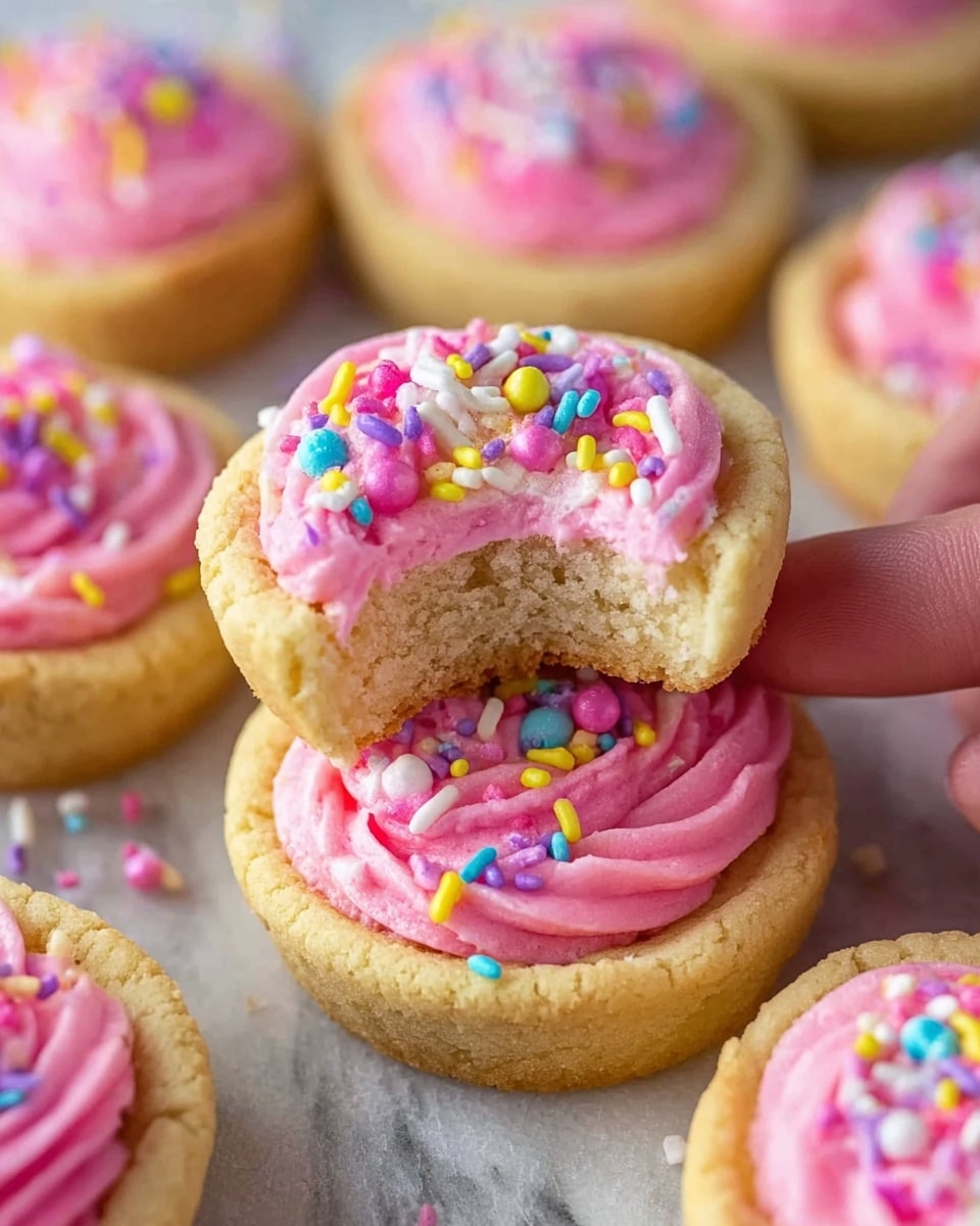 The image shows several small round cookies with thick golden-brown edges forming a shallow cup, filled with a smooth, swirled layer of bright pink frosting. The frosting has a creamy texture with a top layer of colorful sprinkles, including tiny spheres and thin rods in yellow, blue, purple, pink, and white. One cookie in the center has a bite taken out of it, revealing the soft cookie interior and the fullness of the pink frosting inside. The cookies rest on a flat surface with a white marbled texture, and a woman's hand is lightly touching one of the cookies. photo taken with an iphone --ar 4:5 --v 7