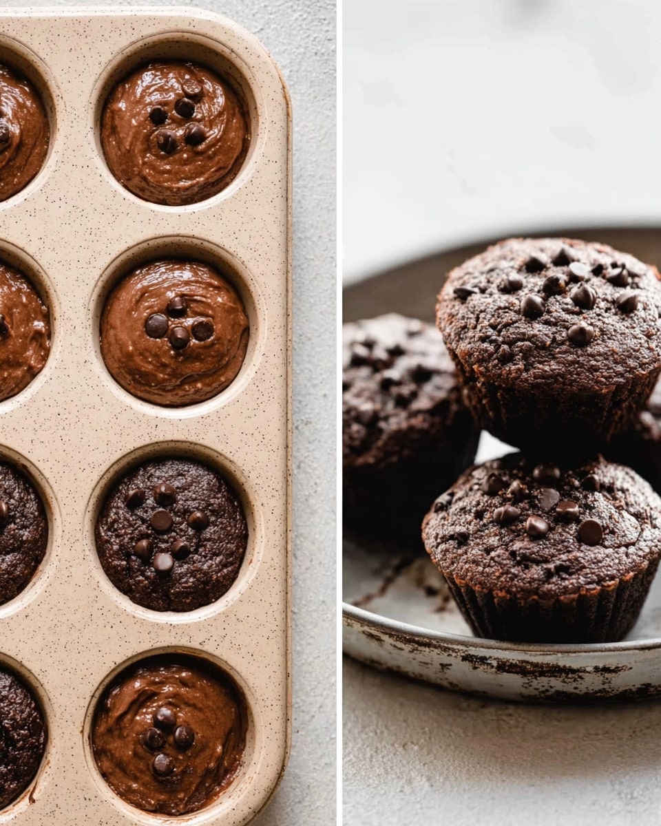 On the left, there is a close-up view of a muffin tray filled with six raw chocolate muffin batters, each topped with small dark chocolate chips, the batter is smooth and glossy with a light brown color, the tray has a beige, speckled look. On the right, there are six baked chocolate muffins with a dark brown color and a slightly rough texture stacked on a round white, slightly worn metal tray, the muffin tops have cracks and scattered chocolate chips. The background shows a light area with a white marbled texture. Photo taken with an iphone --ar 4:5 --v 7