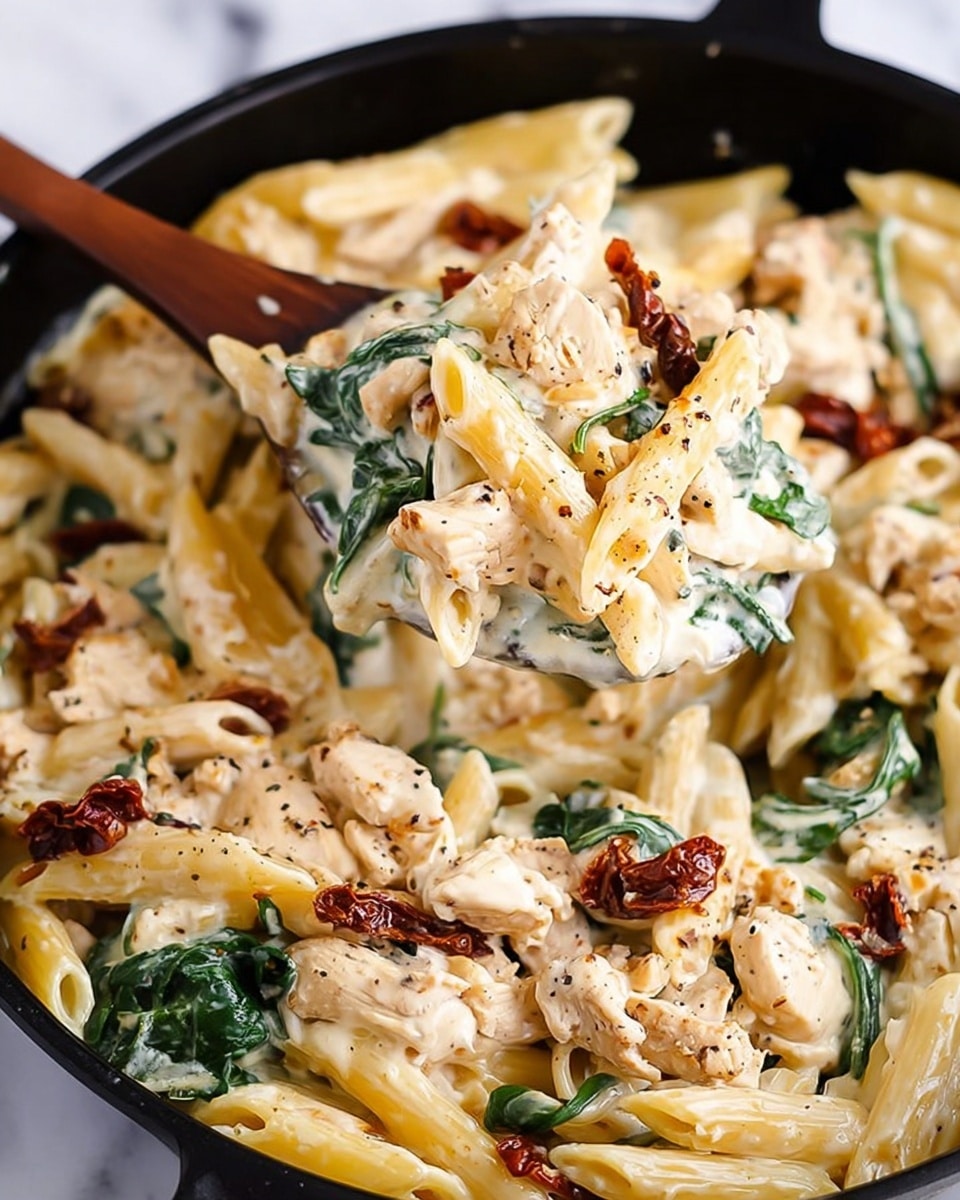 This image shows a close-up of creamy pasta in a black pan on a white marbled surface. The pasta has three main layers: pale yellow penne noodles, white chicken pieces mixed evenly, and dark green spinach leaves scattered throughout. There are also reddish-brown sun-dried tomatoes adding contrast. Everything is coated in a rich, thick white sauce with specks of black pepper and herbs. A wooden spoon lifts a portion of the pasta mix, showing the soft textures and creamy coating clearly. Photo taken with an iphone --ar 4:5 --v 7