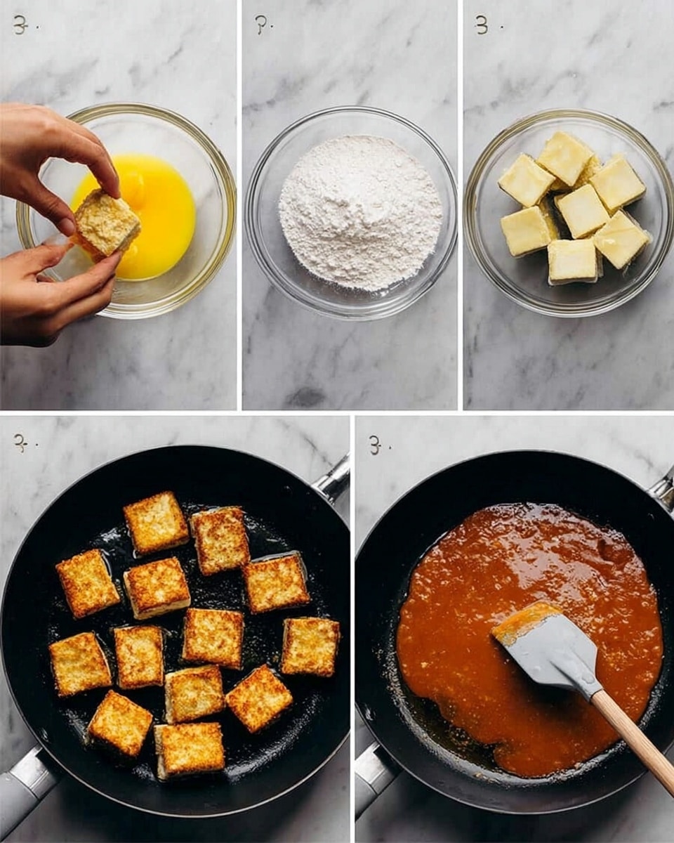 The image shows six steps of frying tofu. The first two steps have a woman's hand dipping small square tofu pieces: first into beaten yellow egg in a clear glass bowl, then into a white powder (likely flour or starch) in another clear glass bowl, both placed on a white marbled surface. The next two images show the tofu squares arranged in a single layer in a black frying pan. In the third image, the tofu is pale and starting to cook, while in the fourth image, the tofu pieces have turned golden brown and crispy. The last two images show a thick reddish-brown sauce in the frying pan being stirred with a spatula, and then the browned tofu squares coated evenly with the sauce. Photo taken with an iphone --ar 4:5 --v 7