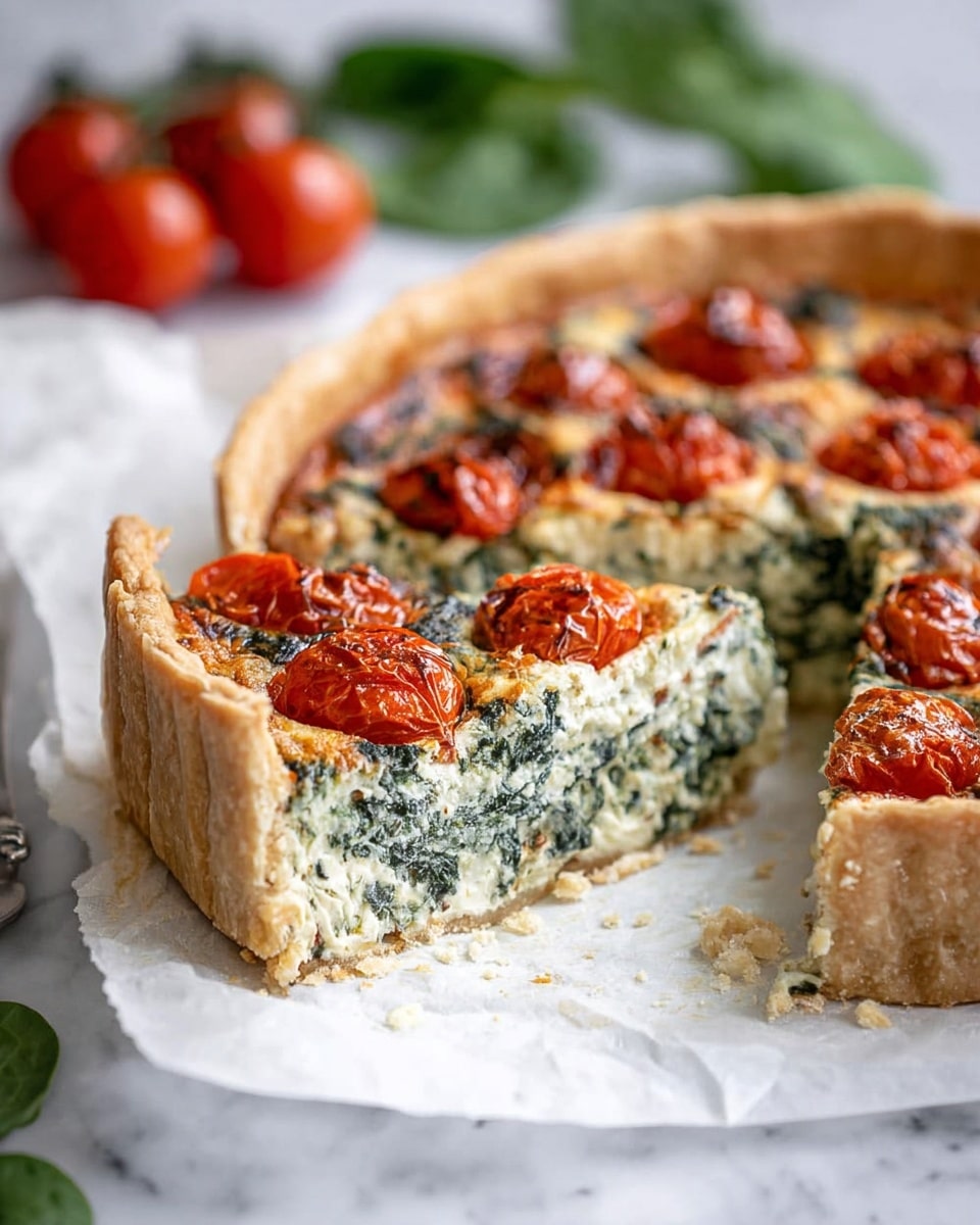 A thick slice is cut out from a tall quiche with a light golden crust. The quiche filling is creamy white with visible green spinach pieces mixed inside. On top of the quiche are halved, roasted cherry tomatoes that are bright red with slight charring. The quiche sits on white parchment paper over a white marbled surface. In the background, blurred green spinach leaves and whole cherry tomatoes add color. Close to the quiche, there is a vintage silver knife and fork. photo taken with an iphone --ar 4:5 --v 7
