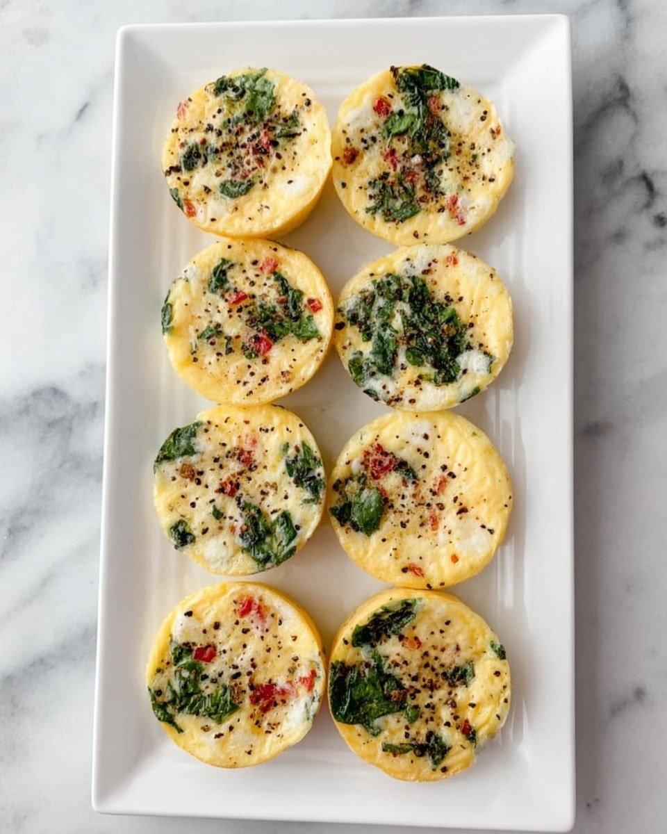 Eight small round egg bites arranged in two vertical rows on a white rectangular plate with marble lines. Each egg bite has a light yellow base with visible green pieces of spinach or herbs and small bits of red, likely peppers or tomatoes, mixed inside. They have a slightly browned top with black pepper sprinkled over them. The plate sits on a white marbled surface photo taken with an iphone --ar 4:5 --v 7