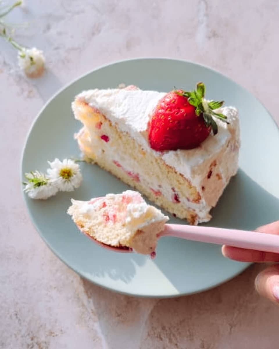A white plate holds a colorful slice of cake with two main layers; the bottom layer is light tan and fluffy, topped with a thick white cream layer containing small bits of red fruit inside. On top of the cake, there is more white cream and a bright red strawberry with a green leafy top. A pale pink spoon rests on the plate beside the cake. A woman's hand is gently holding the spoon. The plate sits on a white marbled surface with a small white flower nearby. Photo taken with an iphone --ar 4:5 --v 7
