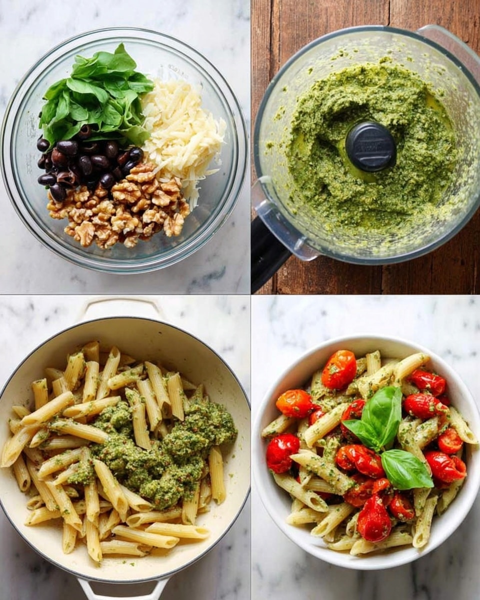 The image shows four parts of making pesto pasta. Top left is a clear bowl with fresh green basil leaves, walnuts, grated cheese, and garlic cloves before blending. Top right is the same clear bowl with the ingredients blended into a rough green pesto sauce. Bottom left is a white pan filled with plain cooked penne pasta on the left side, black olive slices, and sun-dried tomatoes on the right side, with green pesto sauce poured on top of the pasta. Bottom right is a white bowl filled with cooked penne pasta mixed well with the green pesto sauce and halved cherry tomatoes with small basil leaves garnishing the top, all set on a white marbled background. photo taken with an iphone --ar 4:5 --v 7
