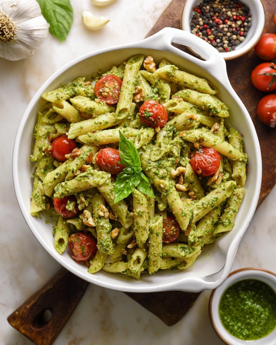 A white shallow bowl with a handle is filled with penne pasta coated in green pesto sauce, mixed with red cherry tomato halves and bits of walnut. The pasta is well covered with the green sauce, giving it a creamy and slightly textured look. Bright red tomatoes add color contrast, scattered evenly throughout the pasta. A few green basil leaves are placed on top for decoration. The bowl is set on a white marbled surface with a whole garlic bulb nearby and small bowls containing pesto sauce and peppercorns in the background. Photo taken with an iphone --ar 4:5 --v 7