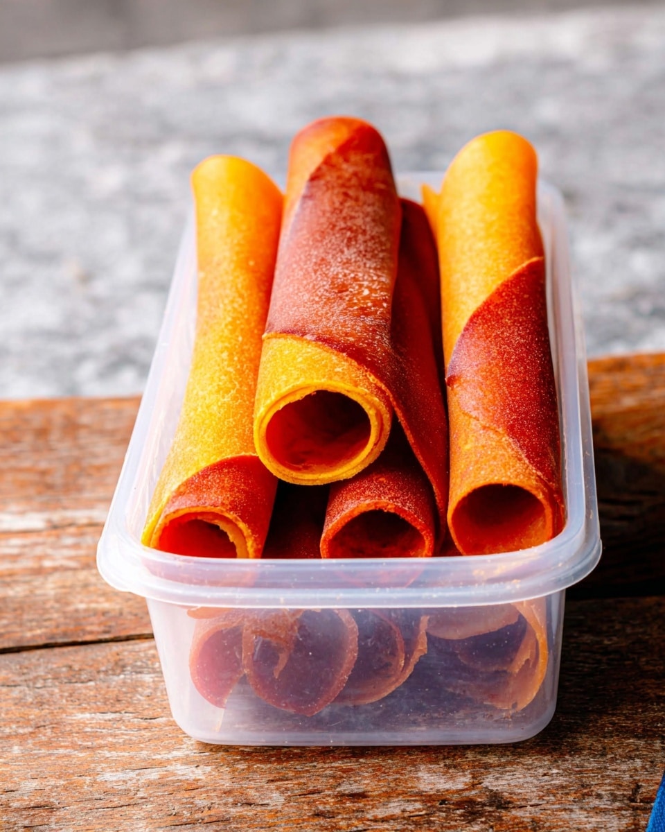 The image shows six rolled fruit leathers with a smooth, slightly shiny texture inside a clear plastic container. Each roll has a gradient of colors, mostly bright orange fading into a deeper reddish-brown near the edges, showing a thin, flexible consistency. The rolls are packed closely, standing upright with their open ends facing outward, revealing the hollow inside that matches the outer colors. The container is placed on a rough wooden surface, but the background is adjusted to a white marbled texture. Photo taken with an iphone --ar 4:5 --v 7