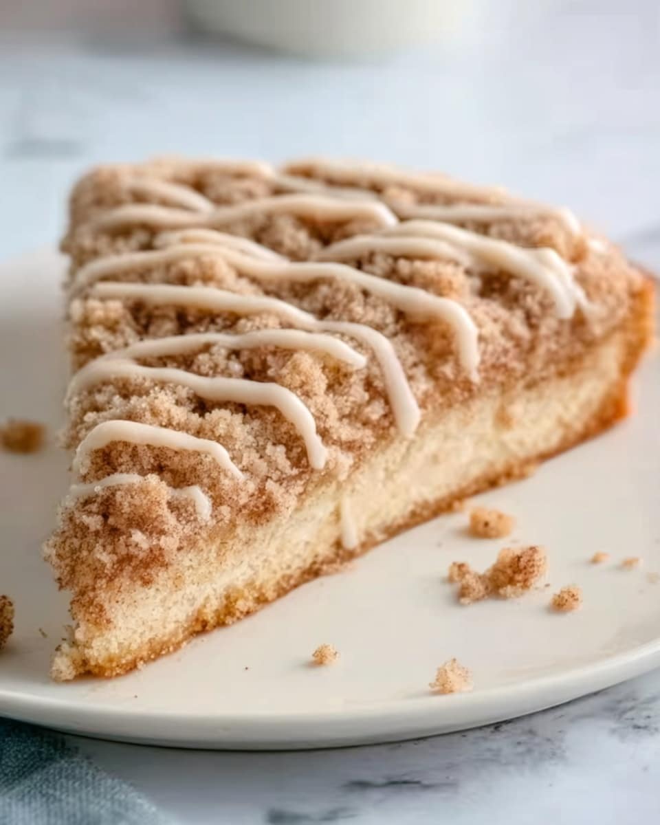 A single triangular slice of crumb cake on a white plate, placed on a white marbled surface. The cake has two visible layers: a light golden soft base and a thick crumbly top layer with uneven brown crumbs. Light beige icing is drizzled in thin lines over the crumb layer. A few crumbs are scattered on the plate near the cake. The photo taken with an iphone --ar 4:5 --v 7