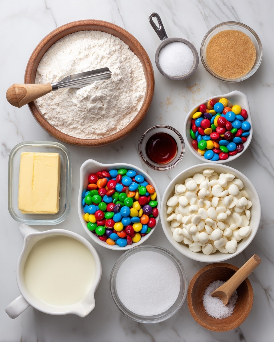 The image shows a white marbled surface with several white and wooden bowls and dishes arranged neatly with baking ingredients. In the top left is a round wooden bowl filled with white all-purpose flour and a metal scoop resting inside. To its right is a small glass bowl holding light brown sugar, and below it a white bowl full of colorful M&M's candy. In the center, a small white dish contains dark brown pure vanilla extract. Below that and to the left, there is a white bowl filled with bright, colorful M&M's, and beneath it is a clear glass bowl packed with white baking chips that look smooth and round. To the right side sits a small white pitcher filled with half and half cream. In the bottom left, a white dish holds a square piece of pale yellow salted sweet cream butter. Nearby, a clear glass container shows pale yellow sweetened condensed milk. On the left middle side, a small white bowl contains coarse salt with a light wooden scoop resting on top. At the bottom right, a round wooden bowl contains white granulated sugar with a metal measuring cup inside. All bowls and ingredients are placed on the white marbled background, and the whole setting looks clean and organized. photo taken with an iphone --ar 4:5 --v 7